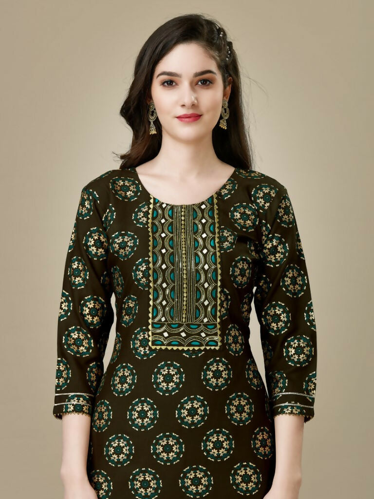 Jyoti Fashion Women's Dark Coffee Rayon Embroidered Kurta Pant Set | Swadesiicart