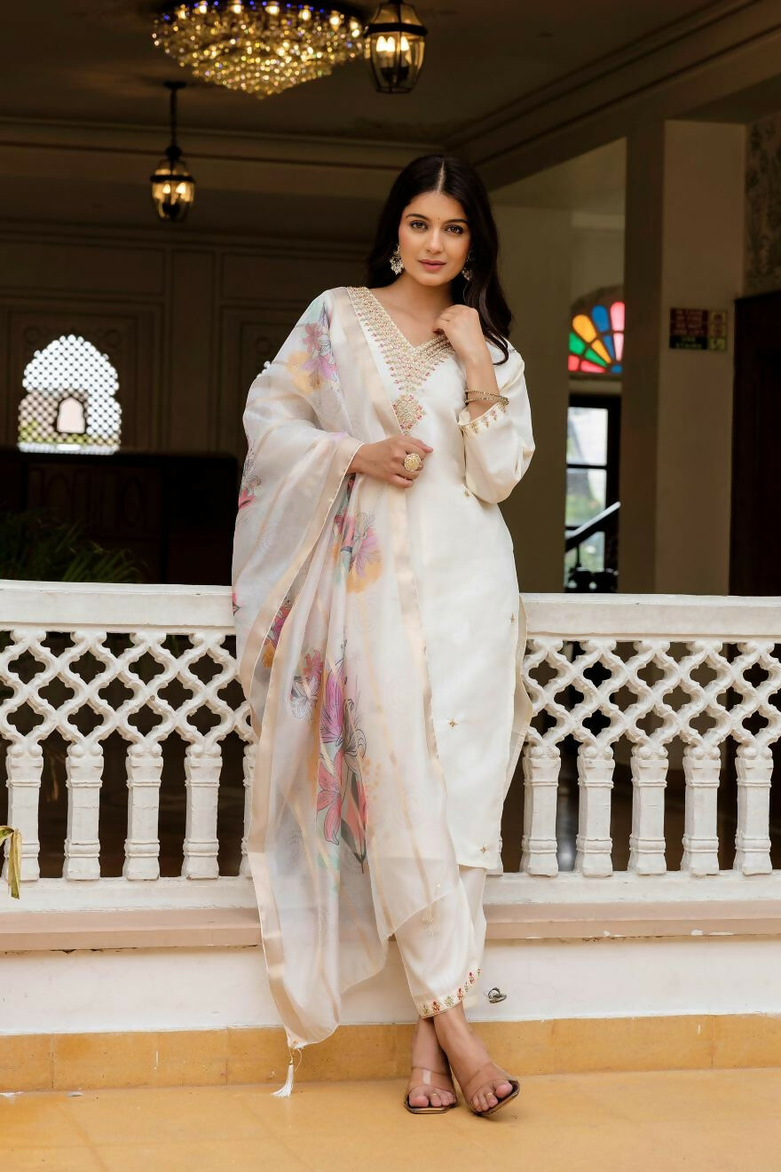 The52 White Women's Beautiful Viscose Chanderi Fabric Embroidered Work Straight Kurta Pant and Dupatta Set - Swadesiicart