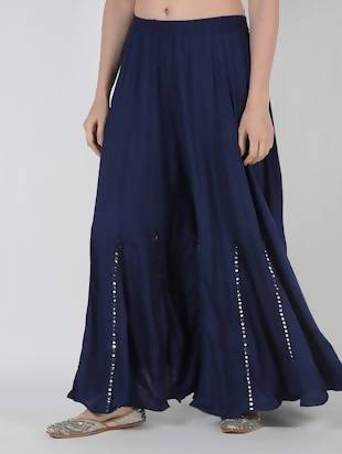 Mominos Fashion Navy Blue Viscose Rayon Flared Palazzo with Mirror Lace Work - Swadesiicart