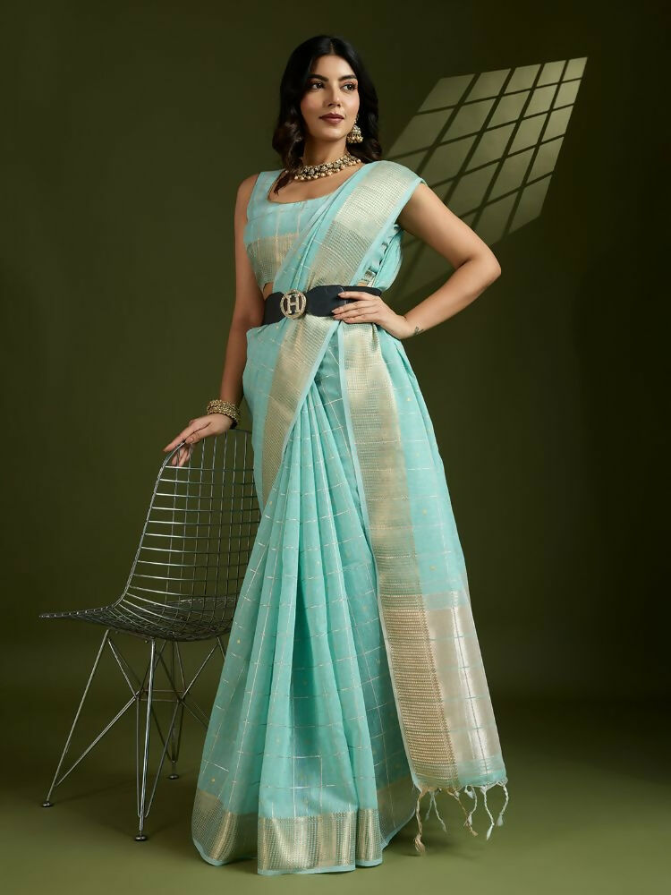 Vishnu Weaves Women's Sea-Green Soft Silk Zari Woven Saree with Blouse - Swadesiicart