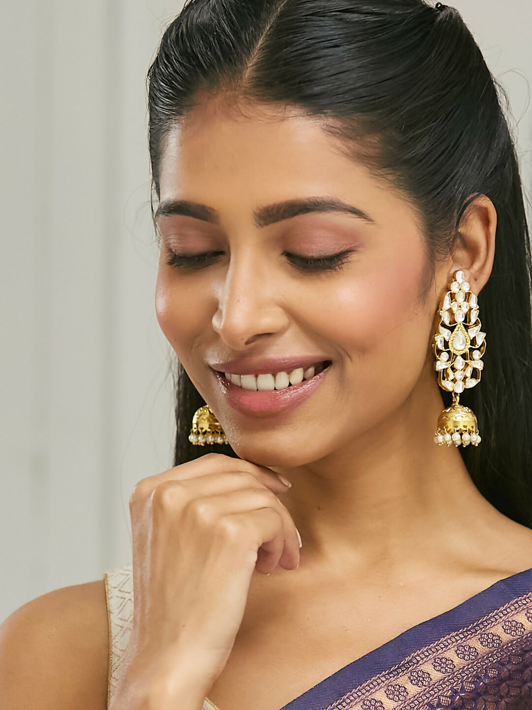 Nuyug 22K Gold-Plated Regal Kundan Stone Studded & Pearl Drop Jhumkas | Swadesiicart