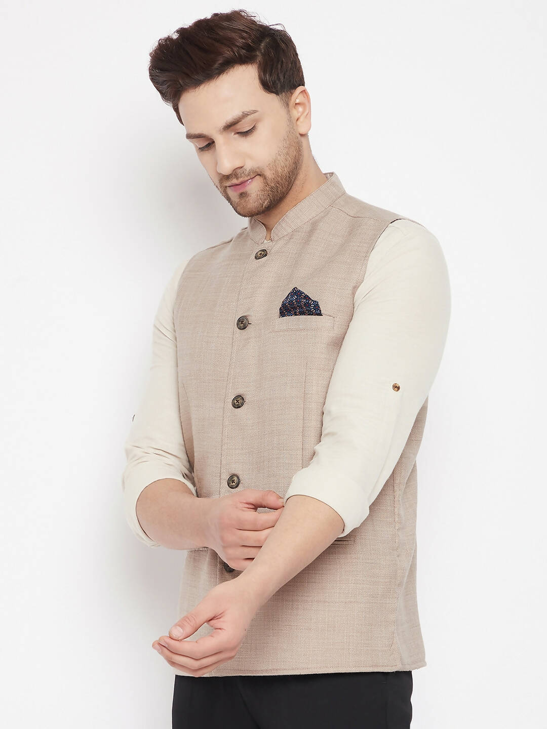 Even Apparels Cream Linen Men's Nehru Jacket-Contrast Lining-Inbuilt Pocket Square | Swadesiicart