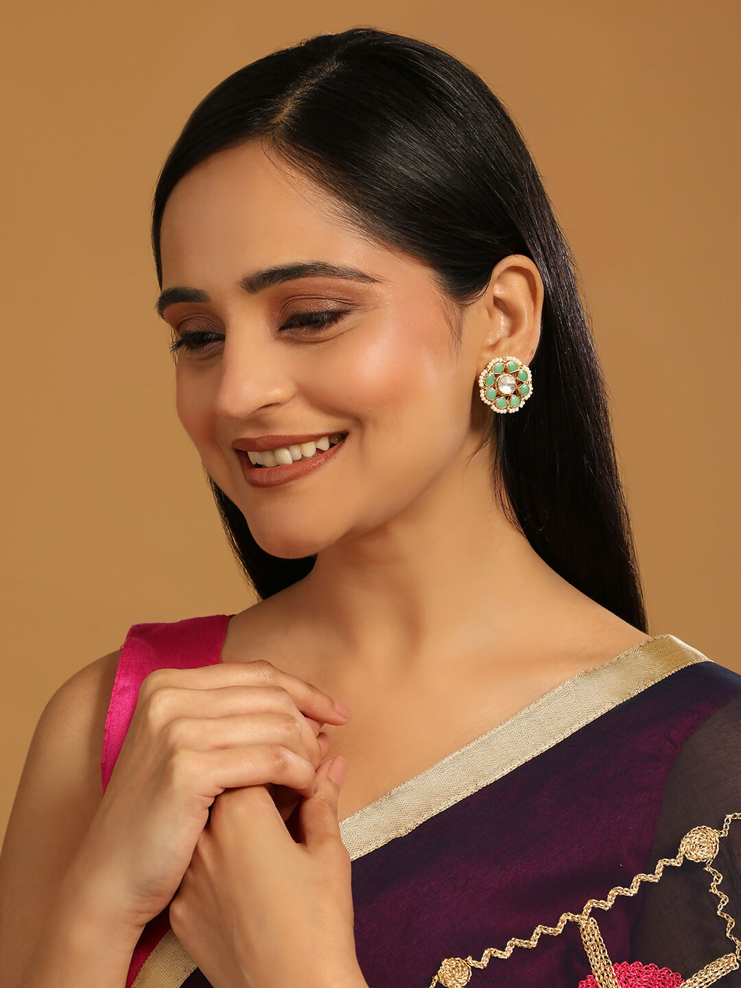 Nuyug 22K Gold-Plated Green Kundan Studded & Pearls Beaded Floral Shaped Studs | Swadesiicart