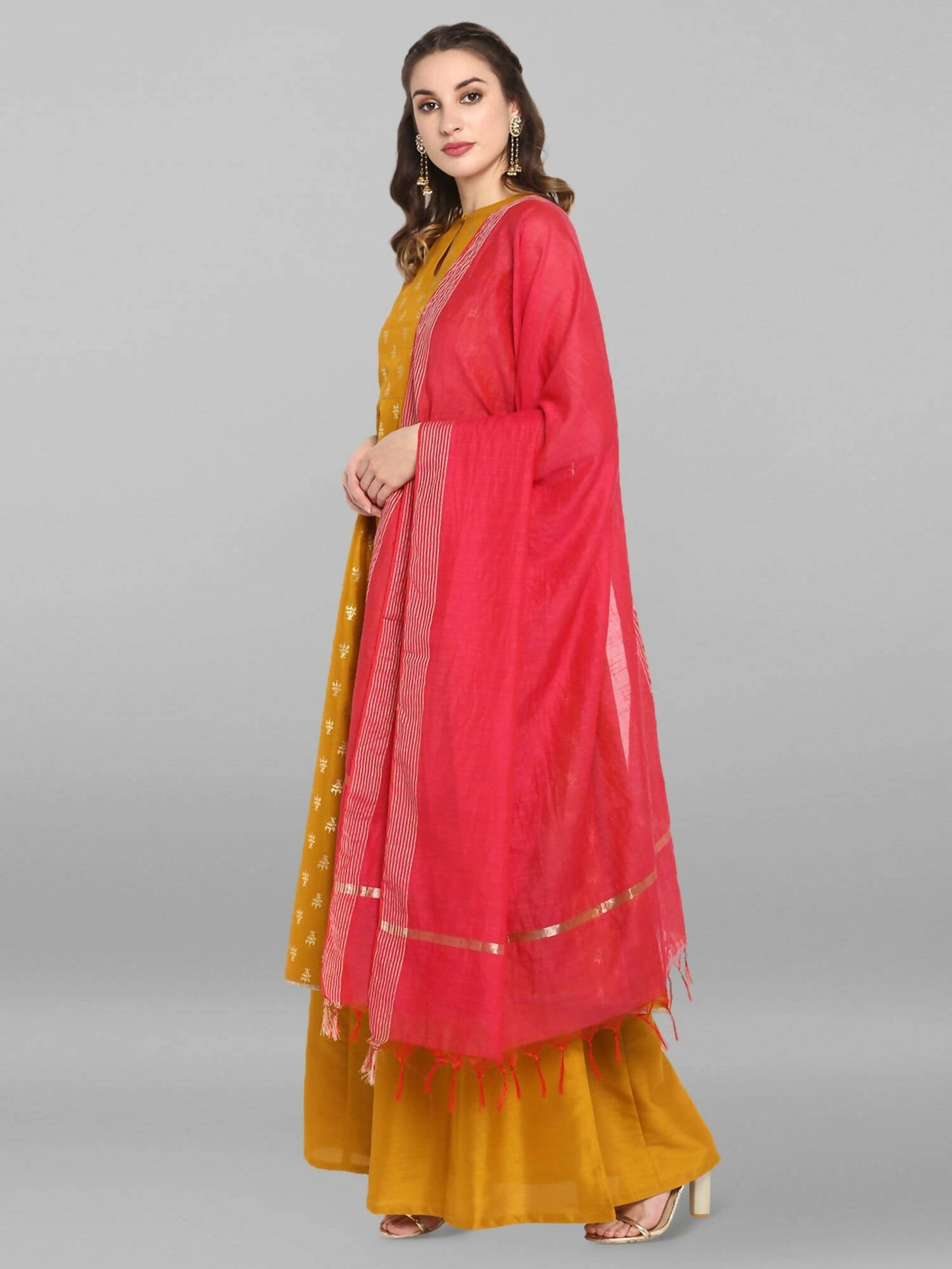 Janasya Women's Mustard Rayon Foil Print Kurti With Palazzo | Swadesiicart