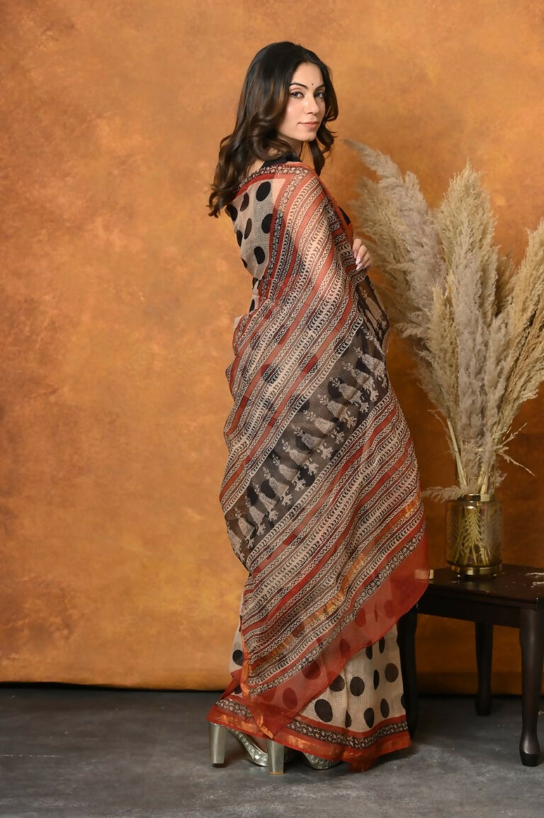 Very Much Indian Handblock Printed Cotton Saree With Natural Dyes - White | Swadesiicart