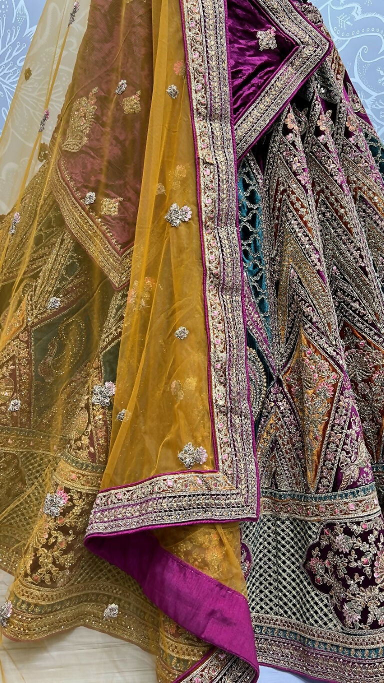 Jyoti Fashion Women's Multicolor Velvet Fancy Patch, Multi Thread Embroidered, Zircon Diamond, Sequins Work Wedding Lehenga Choli | Swadesiicart