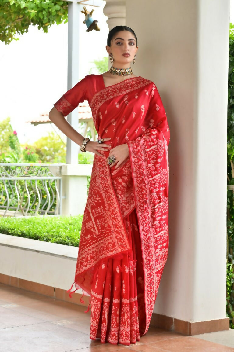 Vishnu Weaves Women's Red Handloom Raw Silk Thread Weaving Saree with Blouse - Swadesiicart