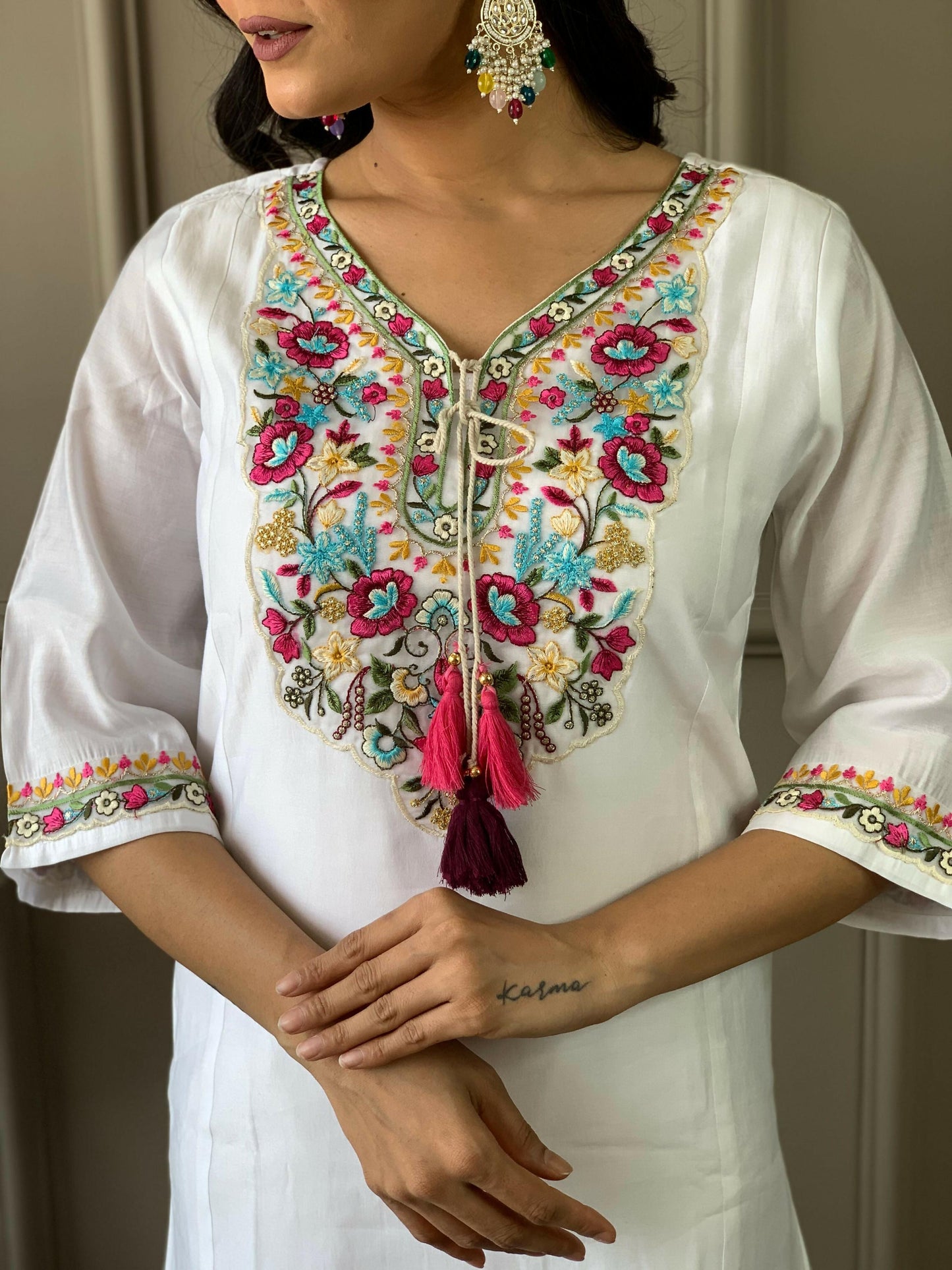 Partywear Designer Chanderi With Cotton Lining White Stitched Suit With Dupatta - Tanisha | Swadesiicart