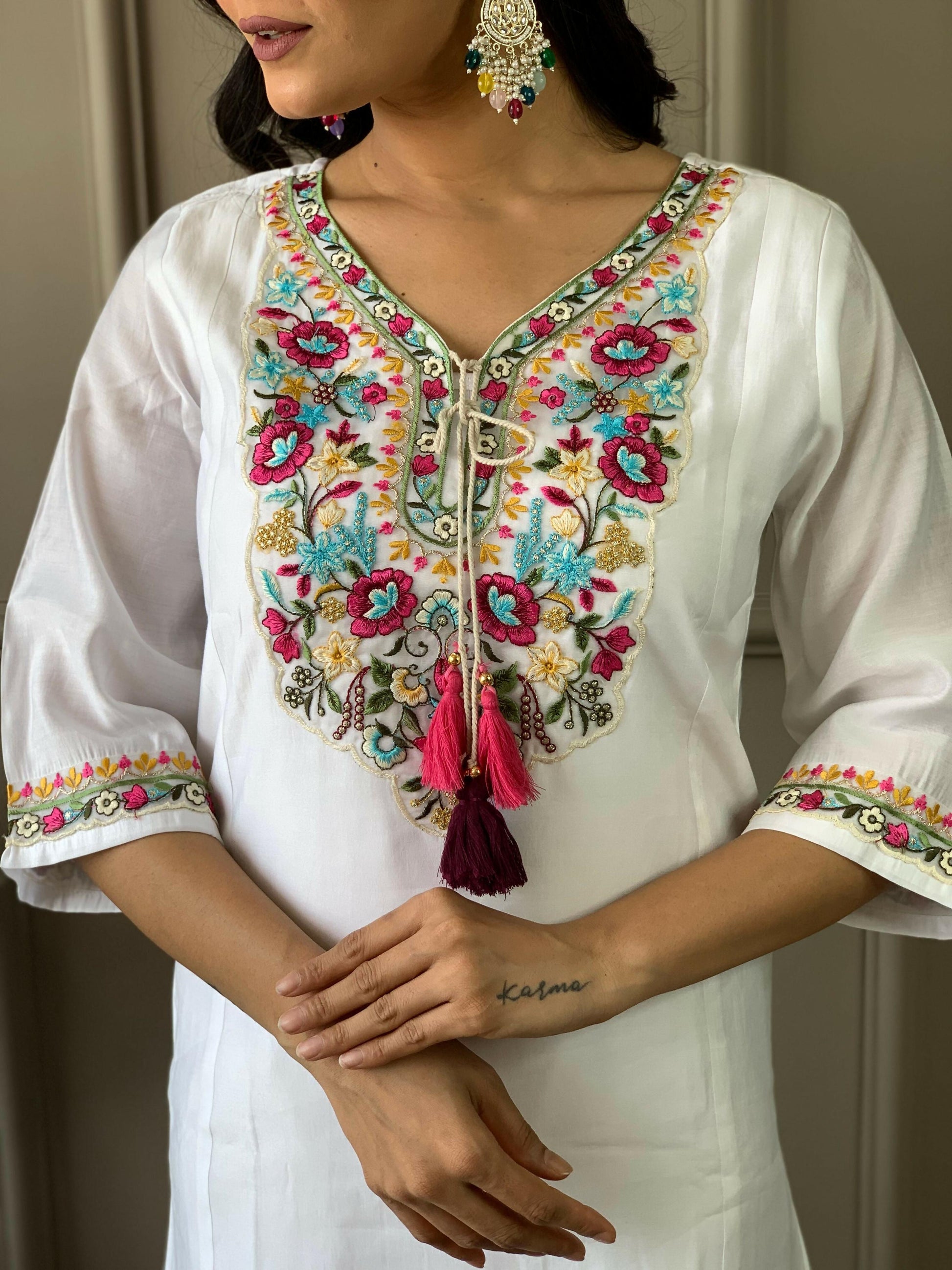 Partywear Designer Chanderi With Cotton Lining White Stitched Suit With Dupatta - Tanisha | Swadesiicart