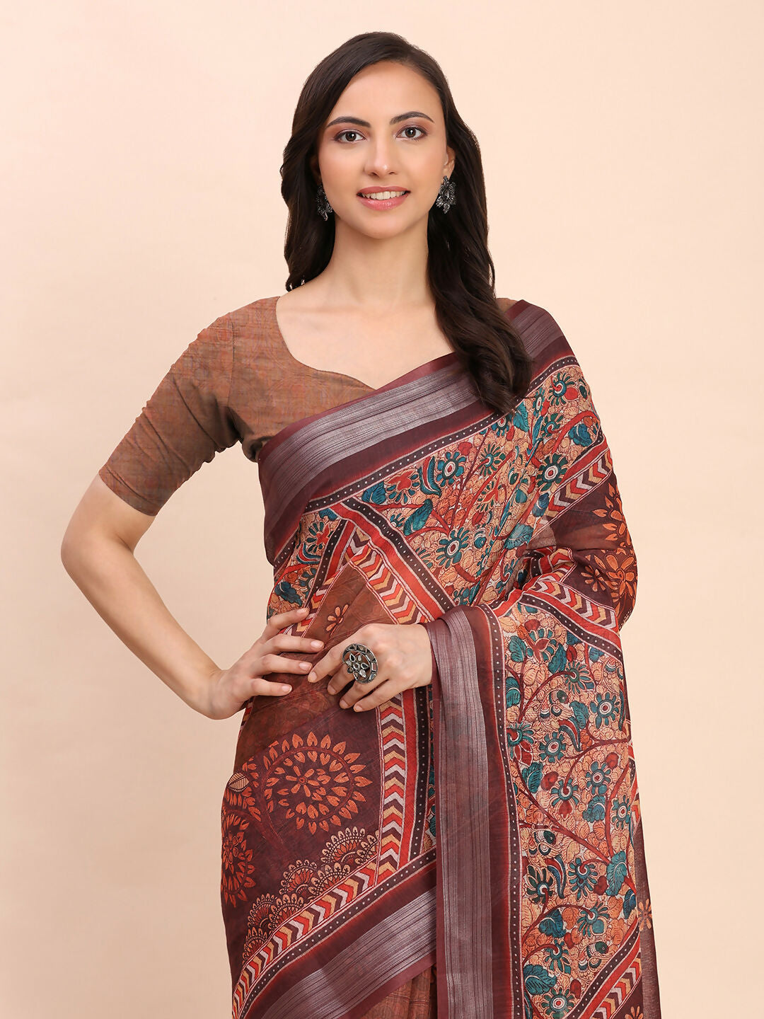 Shree Shyam Fashion Linen Cotton Brown Saree