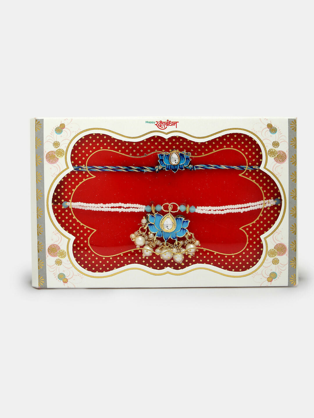 NVR Women & Men Set of 2 Blue Lotus Shape Kundan-Studded & Beaded Wraparound Rakhi Set With Roli Chawal & Chocolate | Swadesiicart
