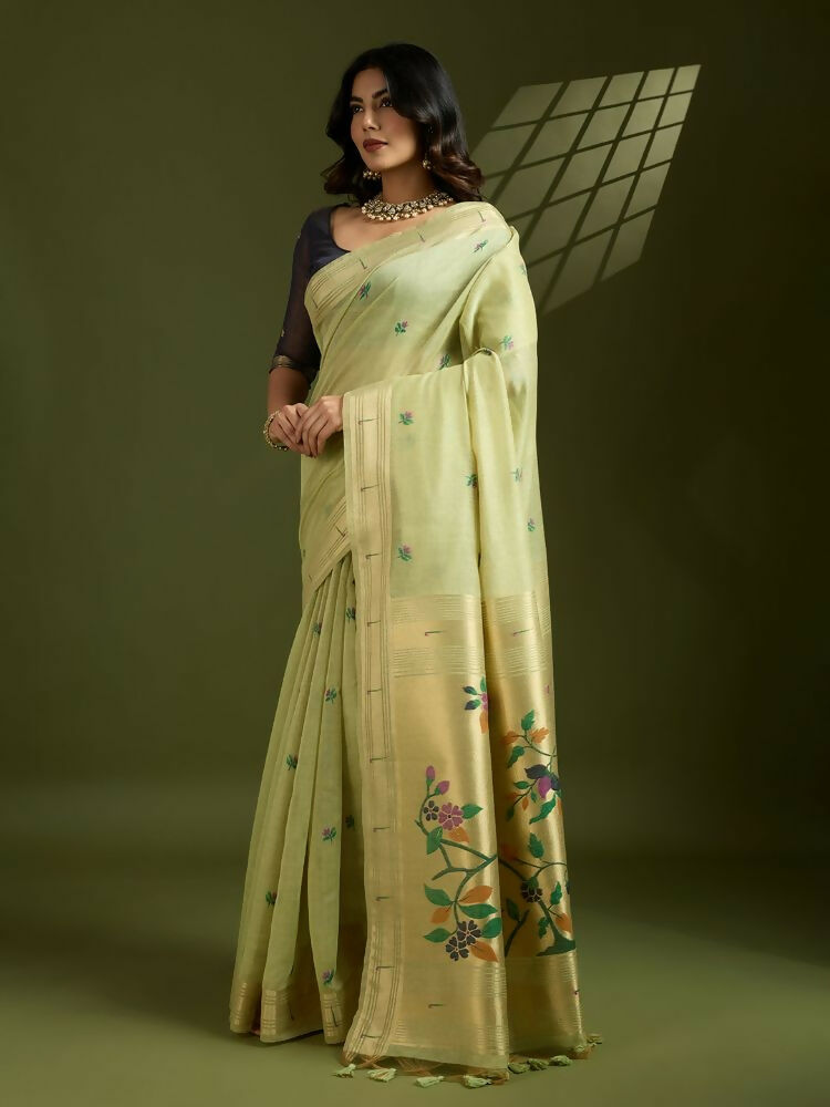 Vishnu Weaves Women's Pista Muga Cotton Thread Woven Butti with Blouse - Swadesiicart