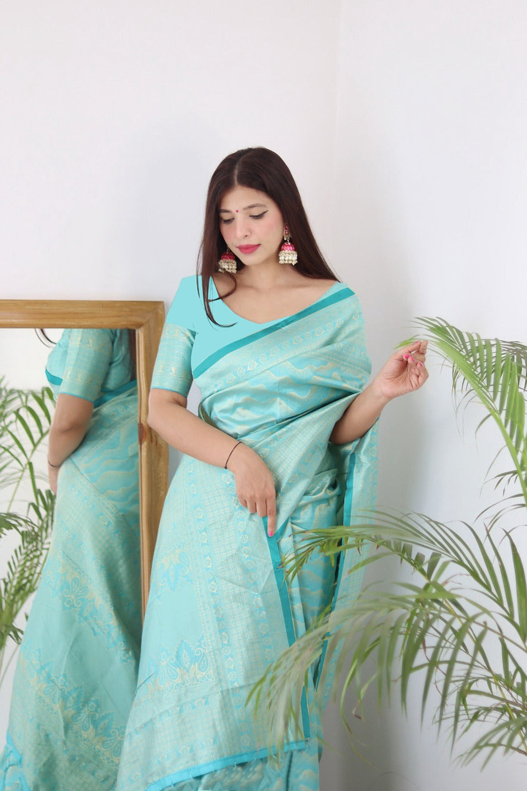 Vamika Weaving Banarasi Jacquard rama Kanjivaram Saree | Swadesiicart