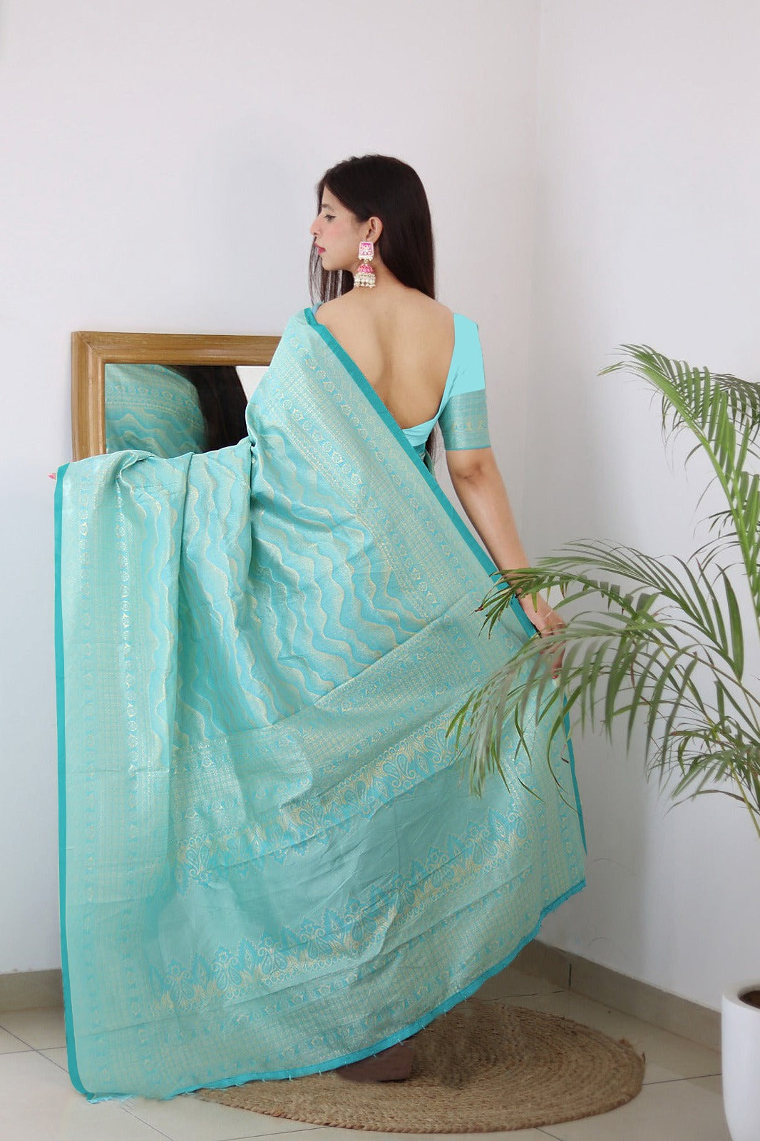 Vamika Weaving Banarasi Jacquard rama Kanjivaram Saree | Swadesiicart