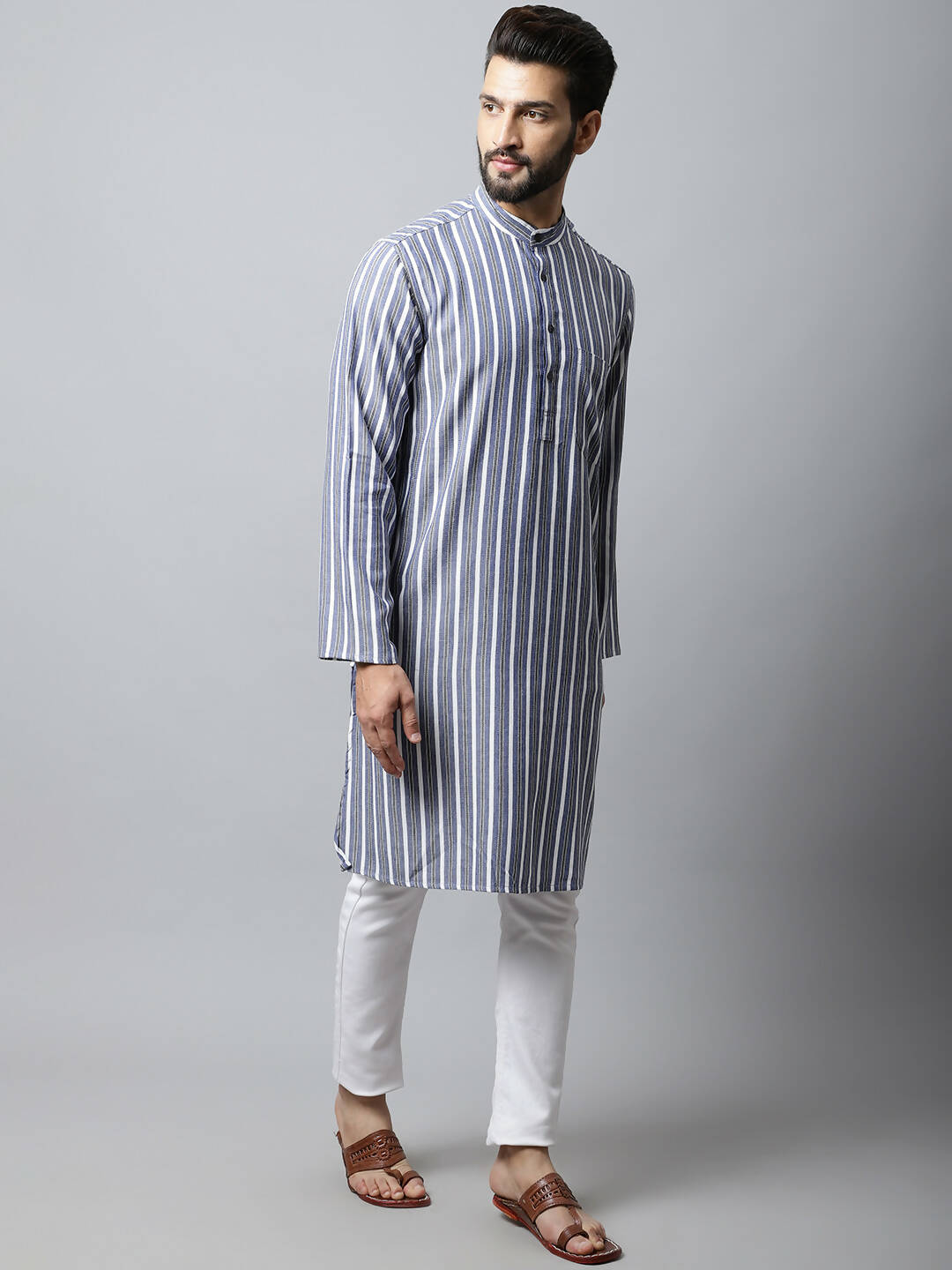 Even Apparels Blue Color Pure Cotton Men's Kurta With Band Collar (STR1168) | Swadesiicart