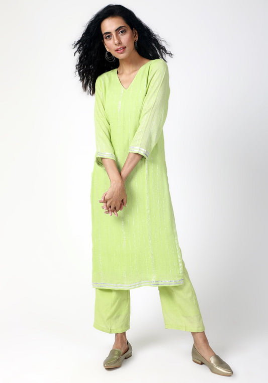 trueBrowns Green Gota Slit Kurta-Pant | Swadesiicart