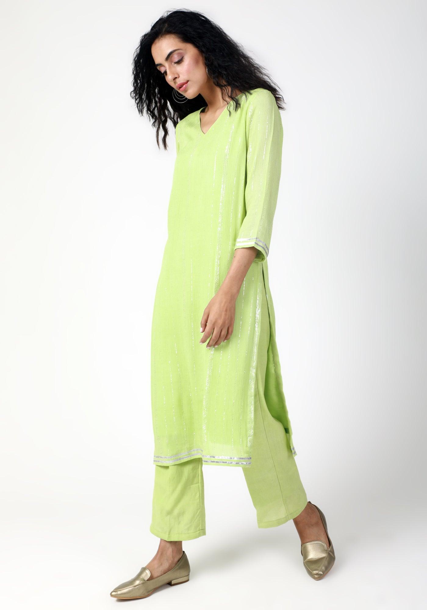 trueBrowns Green Gota Slit Kurta-Pant | Swadesiicart