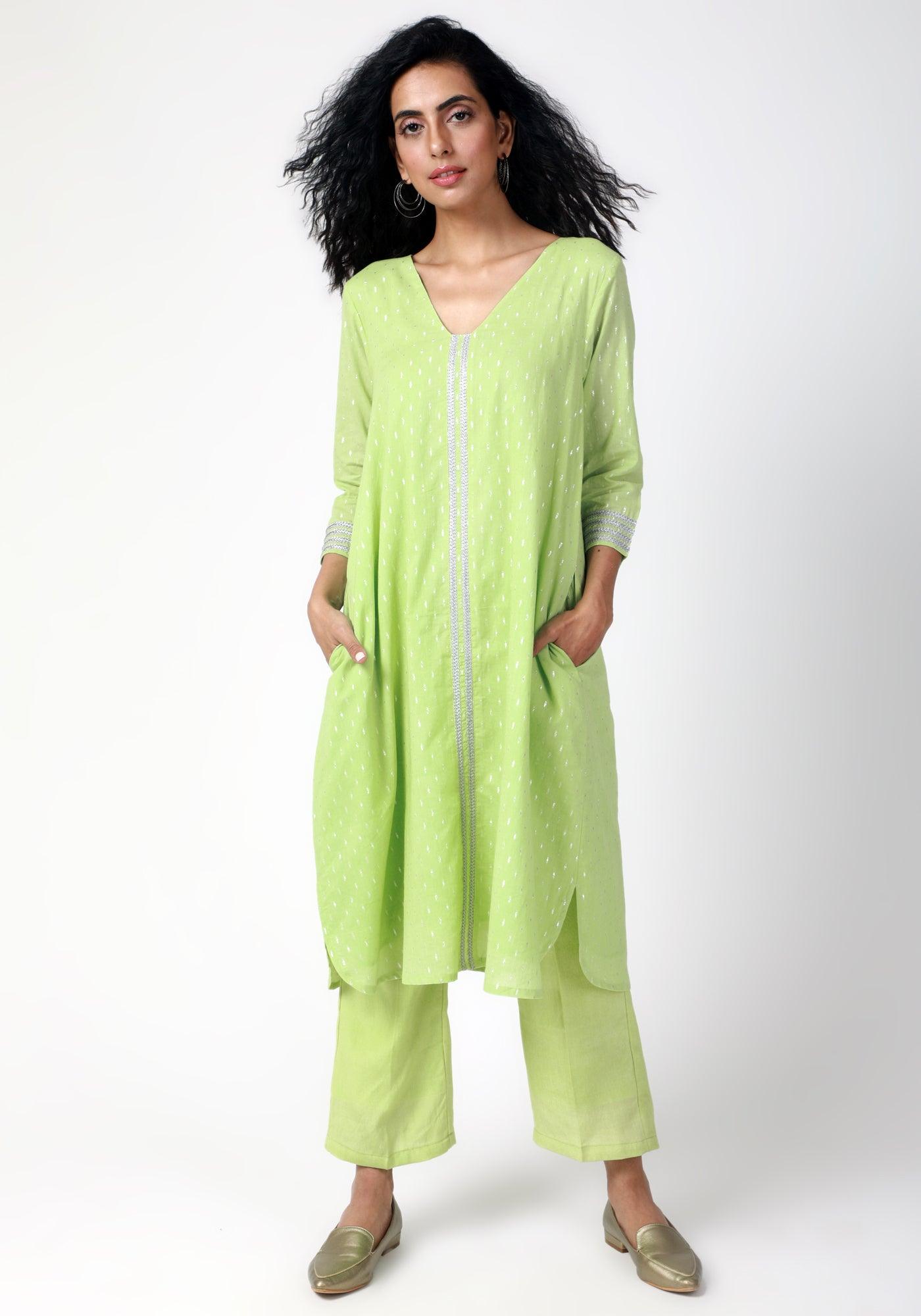 trueBrowns Green Silver Laced Kurta-Pant | Swadesiicart