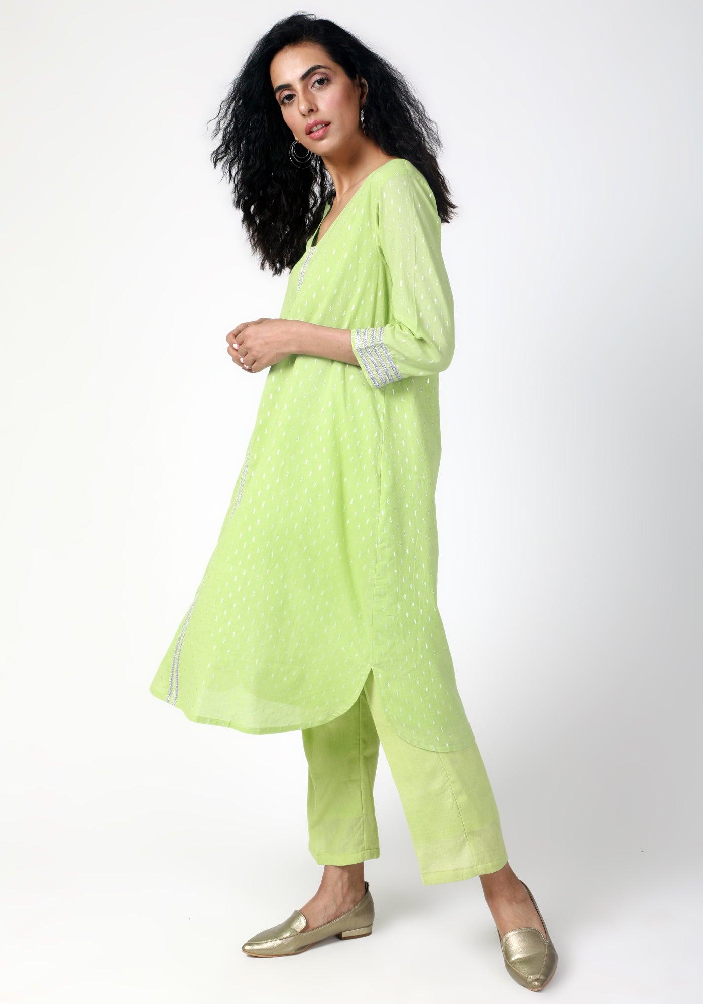 trueBrowns Green Silver Laced Kurta-Pant | Swadesiicart