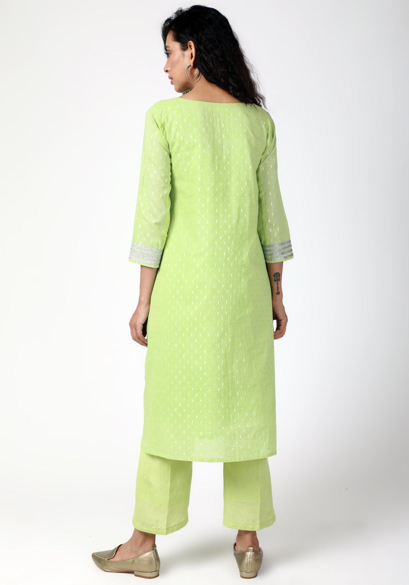 trueBrowns Green Silver Laced Kurta-Pant | Swadesiicart