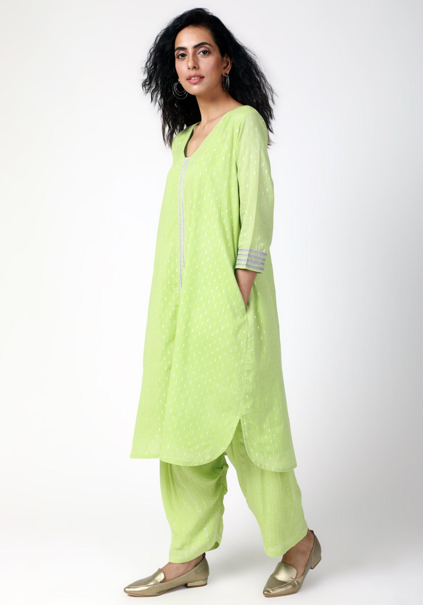 trueBrowns Green Silver Laced Kurta- Ruffled Pant | Swadesiicart