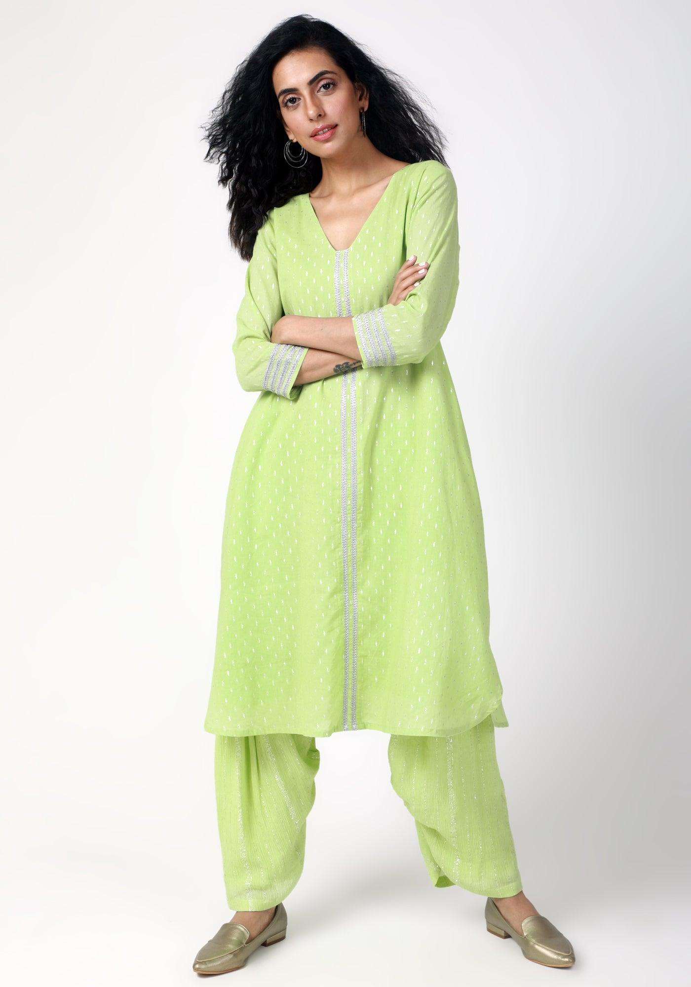 trueBrowns Green Silver Laced Kurta- Ruffled Pant | Swadesiicart