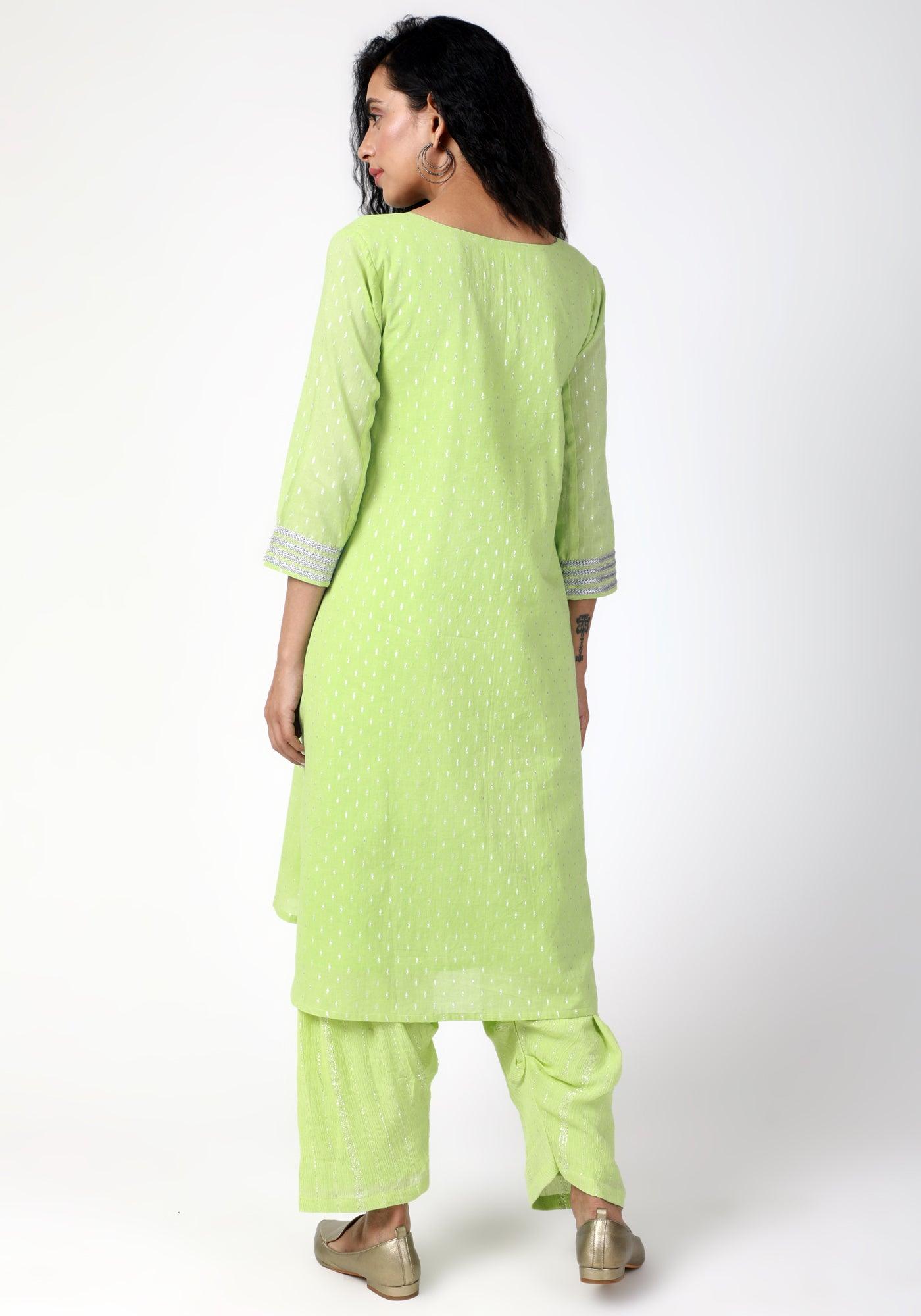 trueBrowns Green Silver Laced Kurta- Ruffled Pant | Swadesiicart