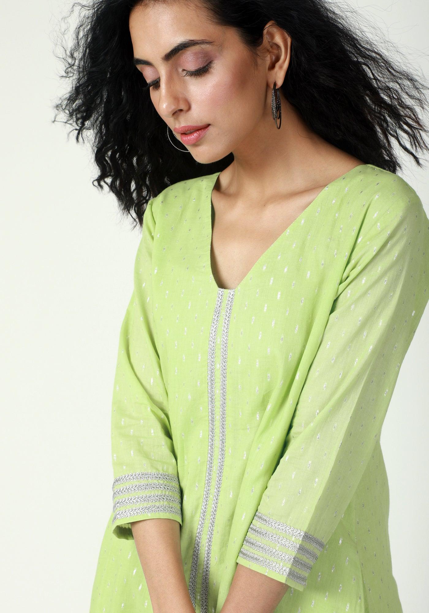 trueBrowns Green Silver Laced Kurta- Ruffled Pant | Swadesiicart