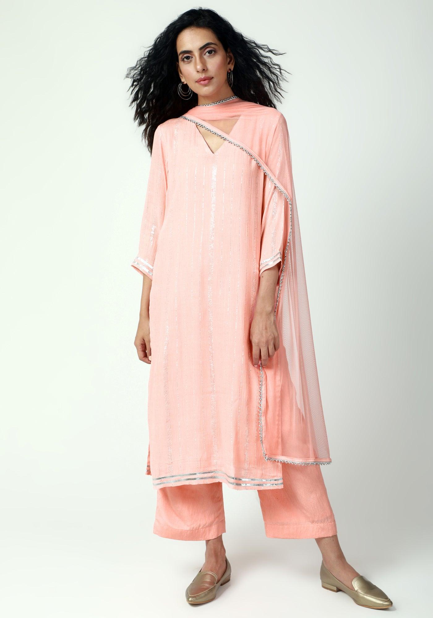 trueBrowns Peach Gota Slit Kurta-Pant-Dupatta | Swadesiicart
