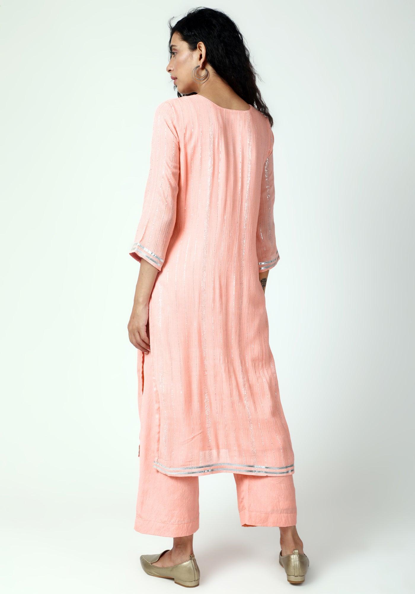trueBrowns Peach Gota Slit Kurta-Pant-Dupatta | Swadesiicart