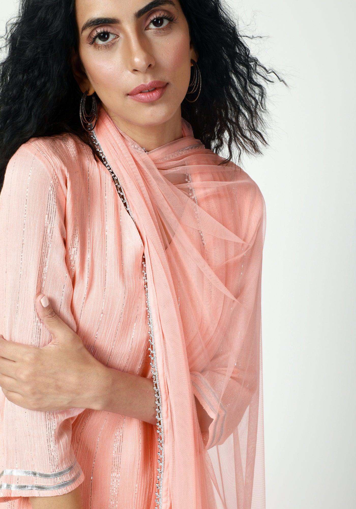 trueBrowns Peach Gota Slit Kurta-Pant-Dupatta | Swadesiicart
