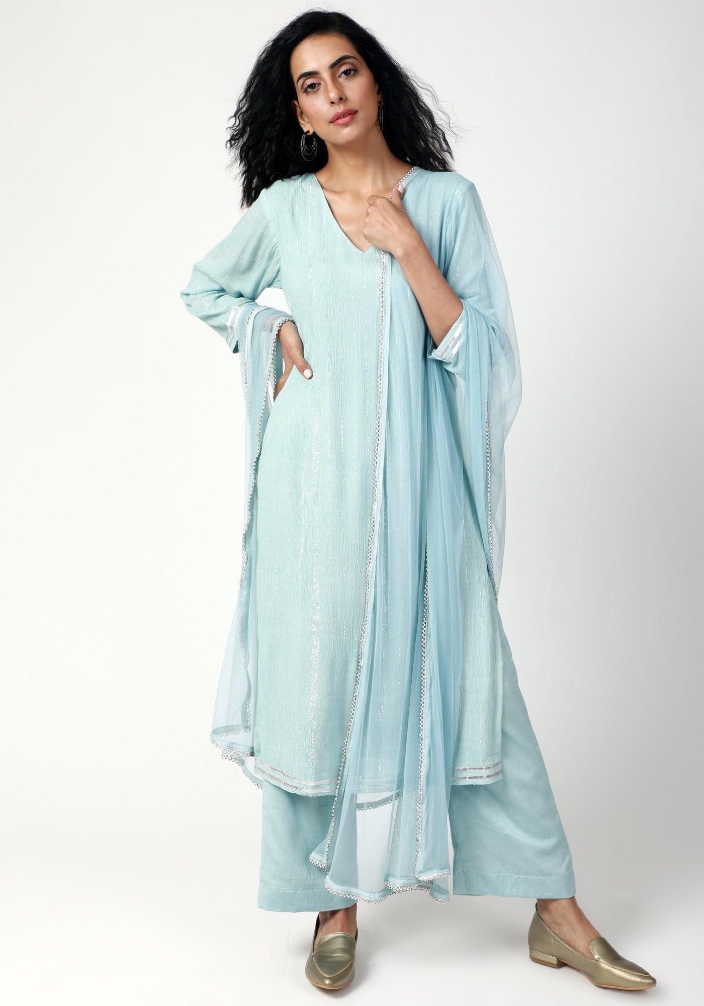 trueBrowns Blue Gota Slit Kurta-Pant-Dupatta | Swadesiicart