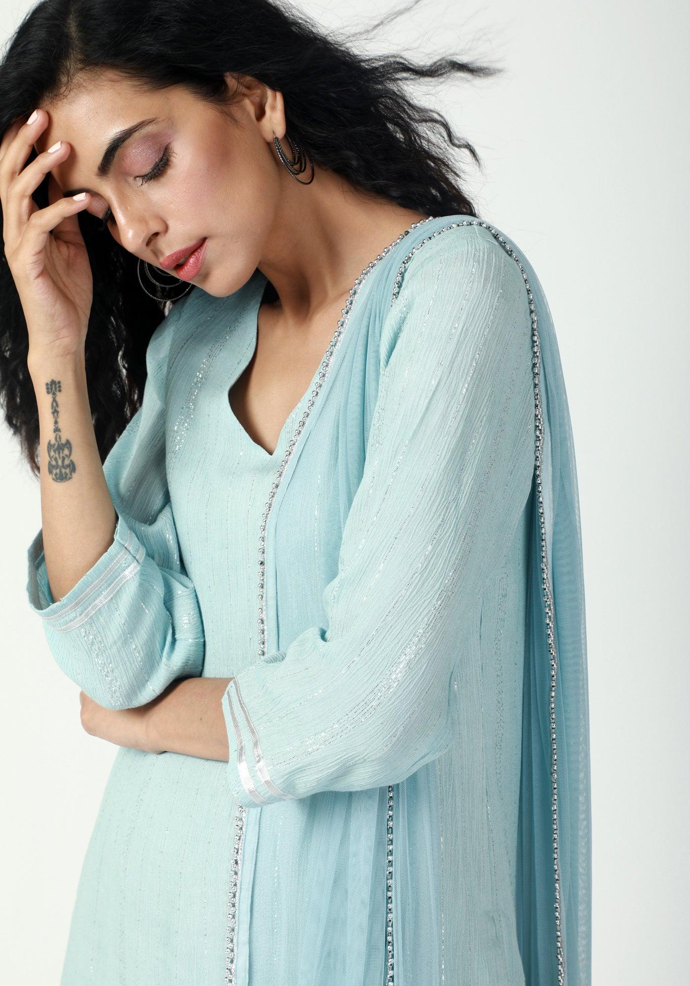 trueBrowns Blue Gota Slit Kurta-Pant-Dupatta | Swadesiicart