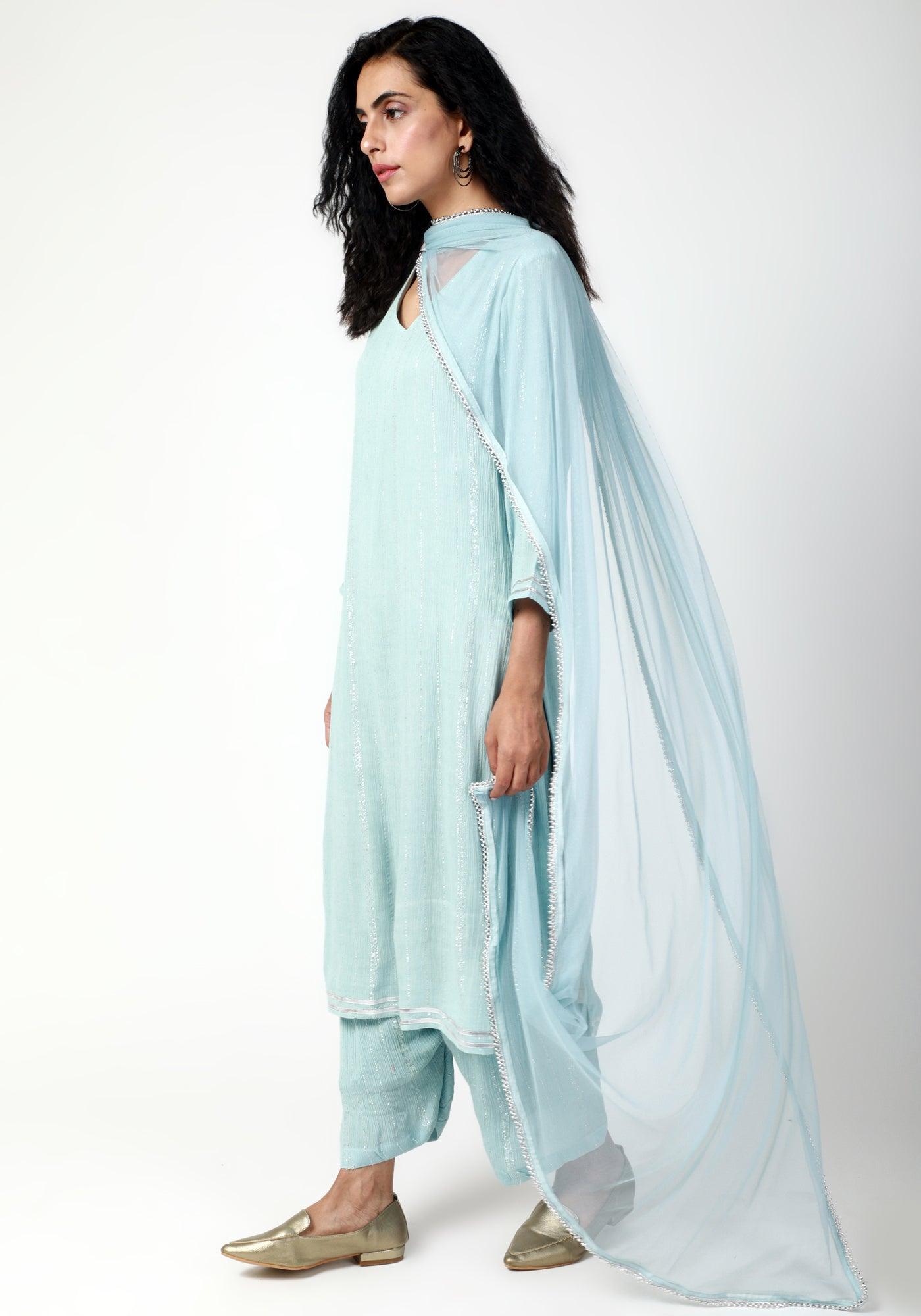 trueBrowns Blue Gota Slit Kurta-Ruffled Pant-Dupatta | Swadesiicart
