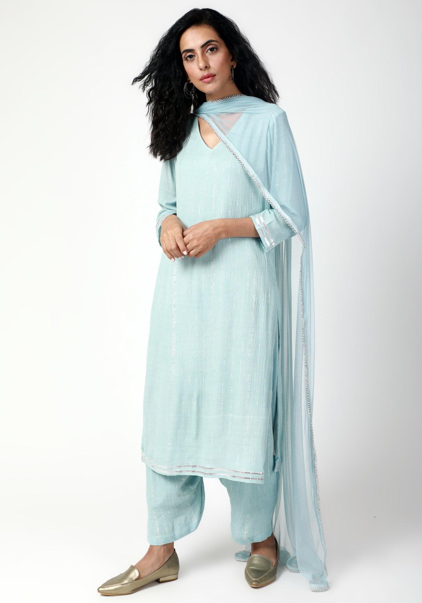 trueBrowns Blue Gota Slit Kurta-Ruffled Pant-Dupatta | Swadesiicart