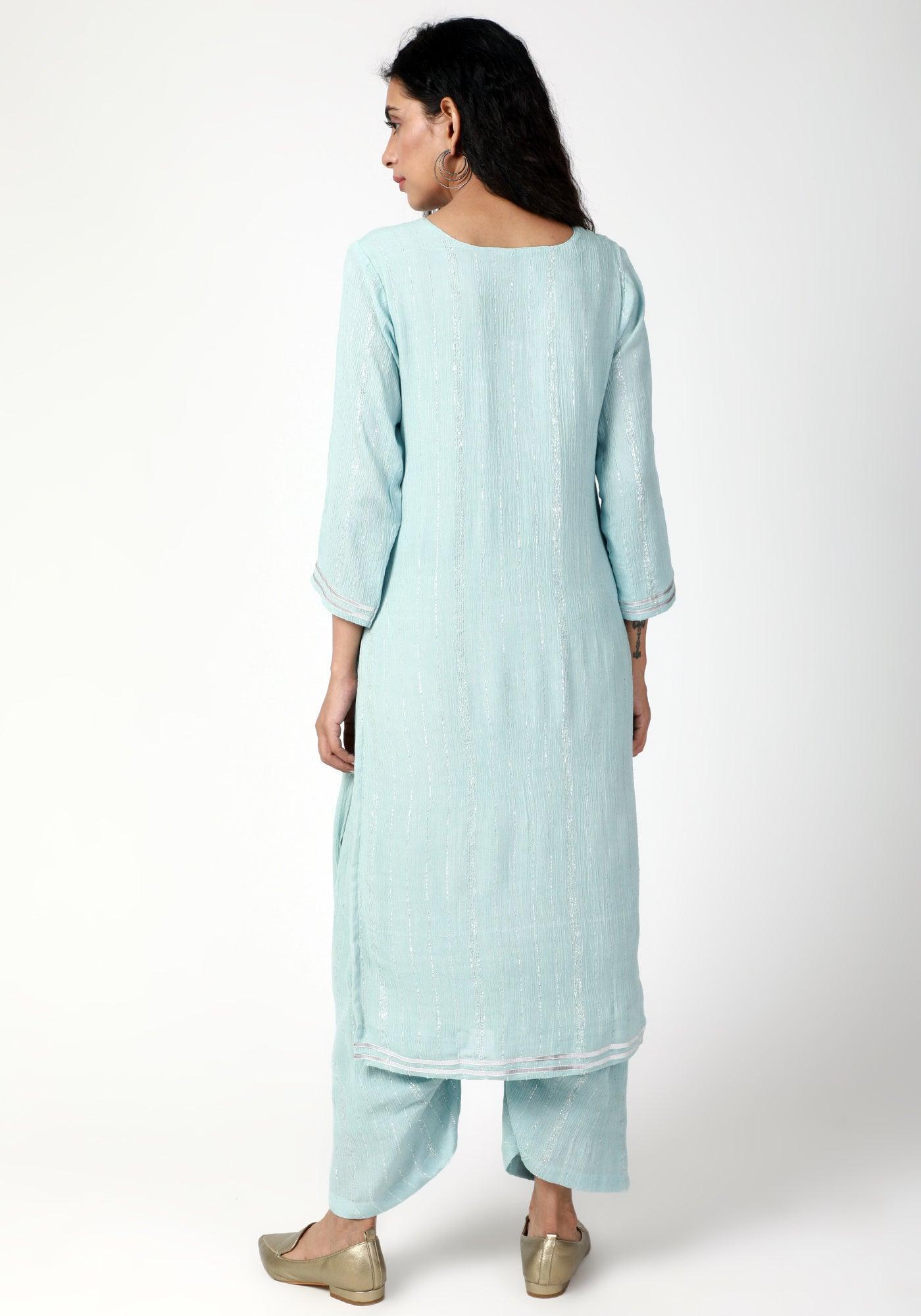 trueBrowns Blue Gota Slit Kurta-Ruffled Pant-Dupatta | Swadesiicart