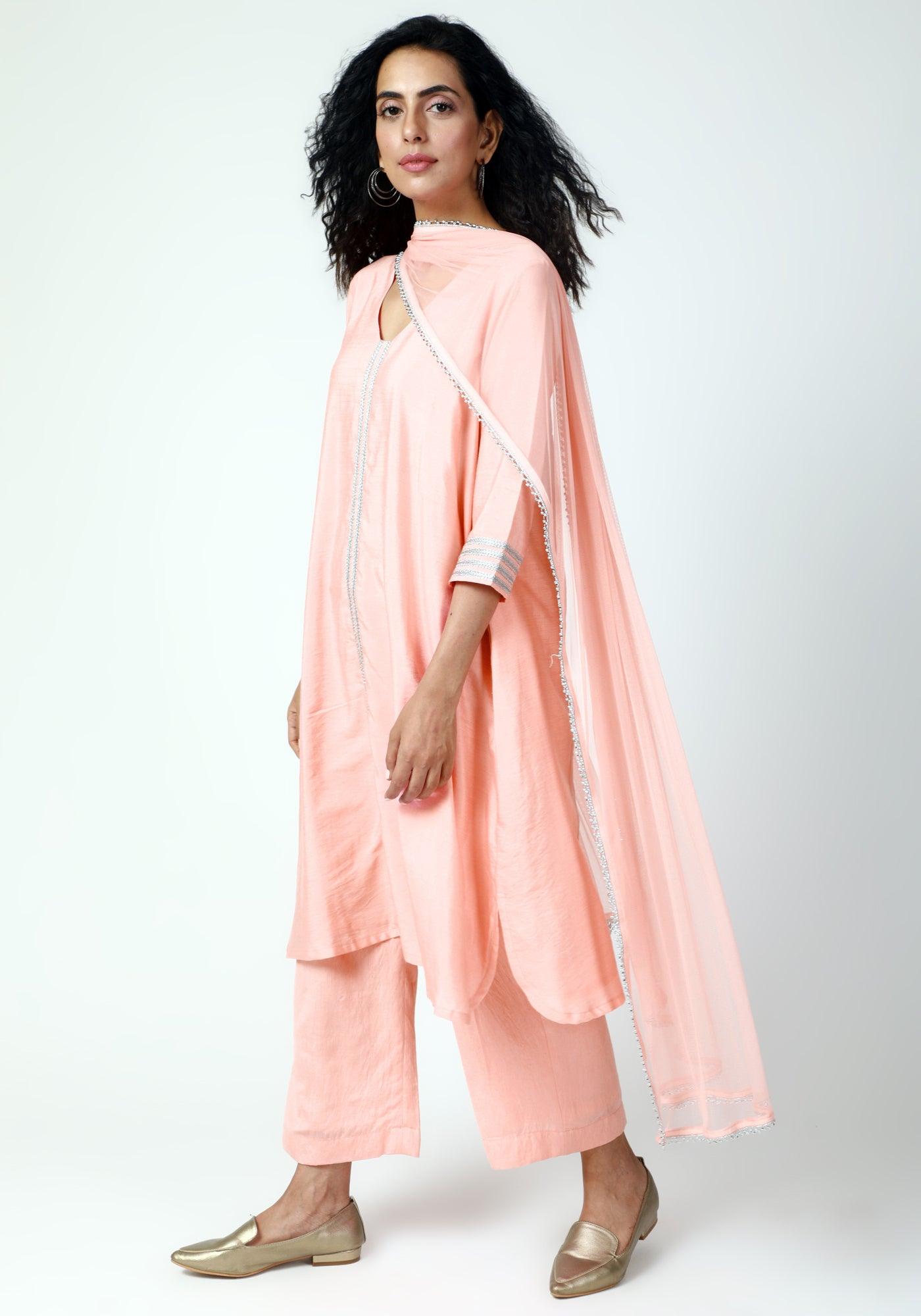 trueBrowns Peach Laced Kurta-Pant-Dupatta | Swadesiicart
