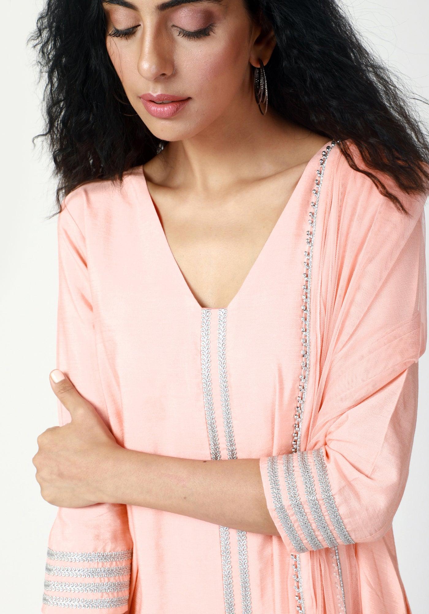 trueBrowns Peach Laced Kurta-Pant-Dupatta | Swadesiicart