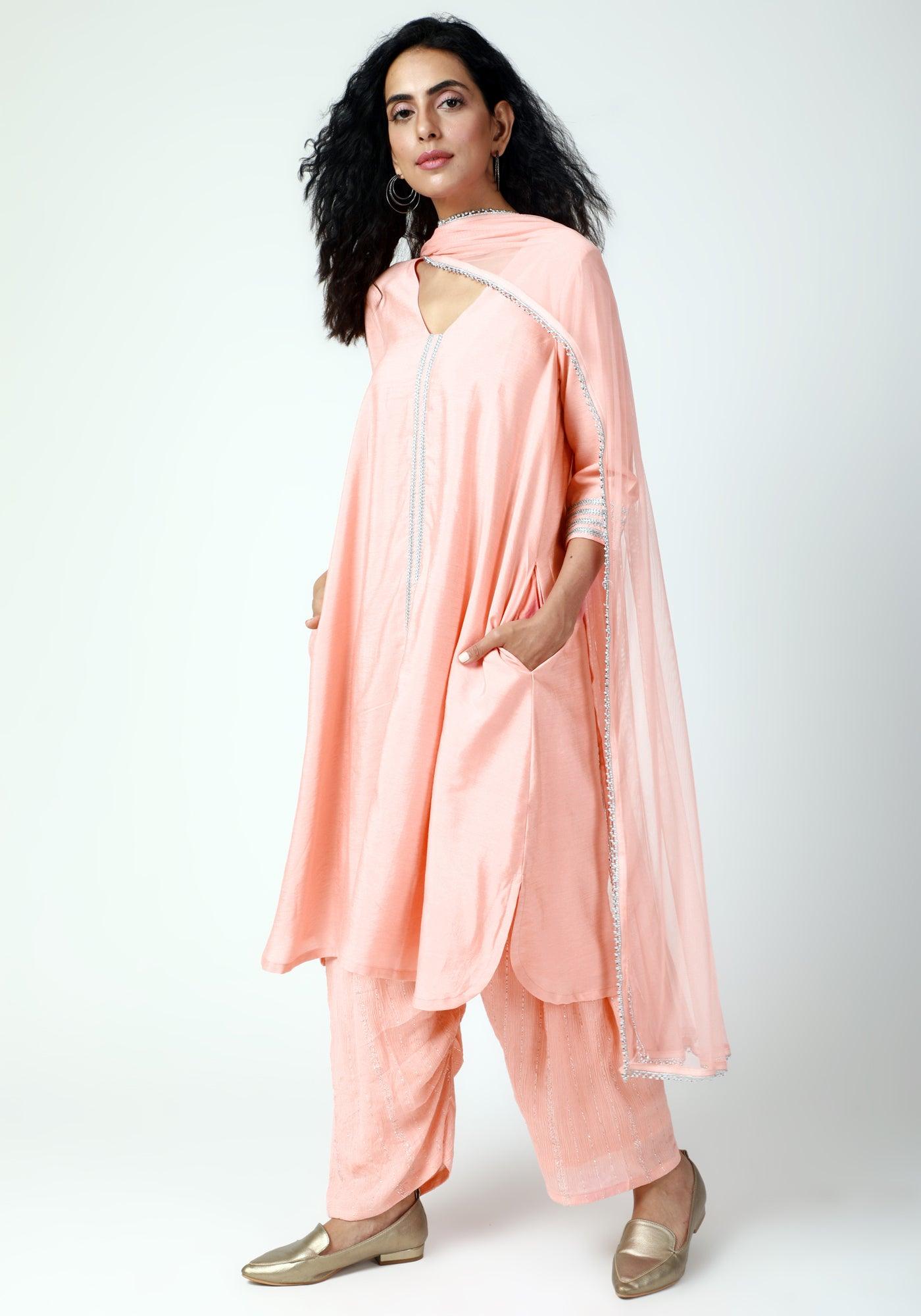 trueBrowns Peach Laced Kurta-Ruffled Pant-Dupatta | Swadesiicart