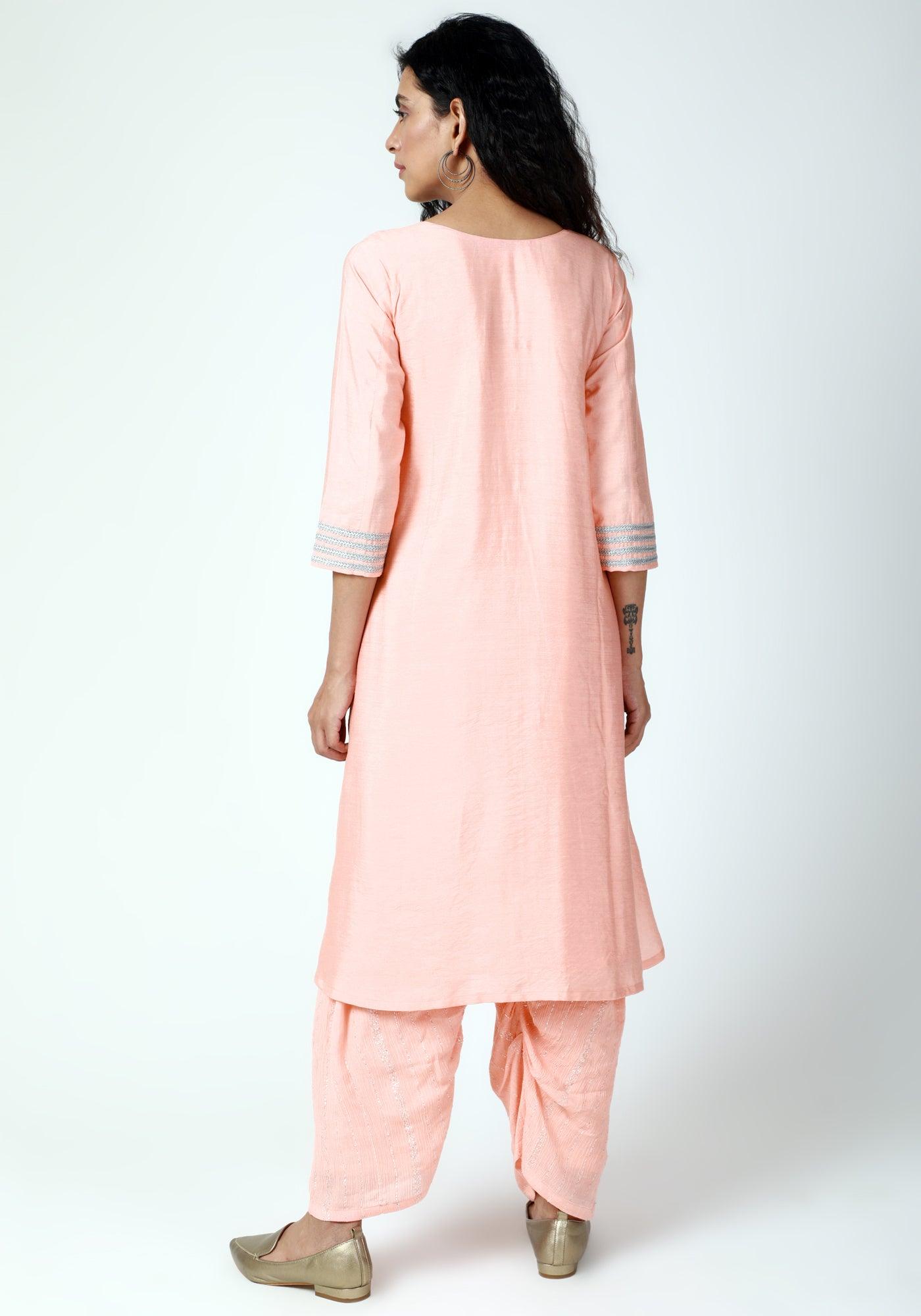 trueBrowns Peach Laced Kurta-Ruffled Pant-Dupatta | Swadesiicart