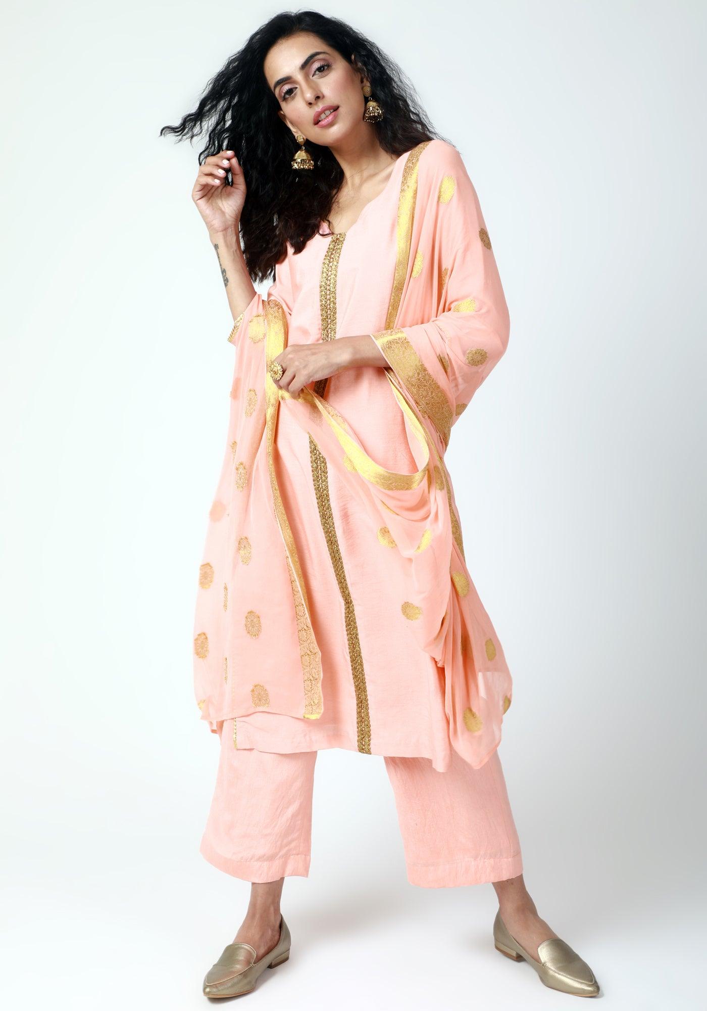 trueBrowns Peach Gota Kurta-Pant-Dupatta | Swadesiicart