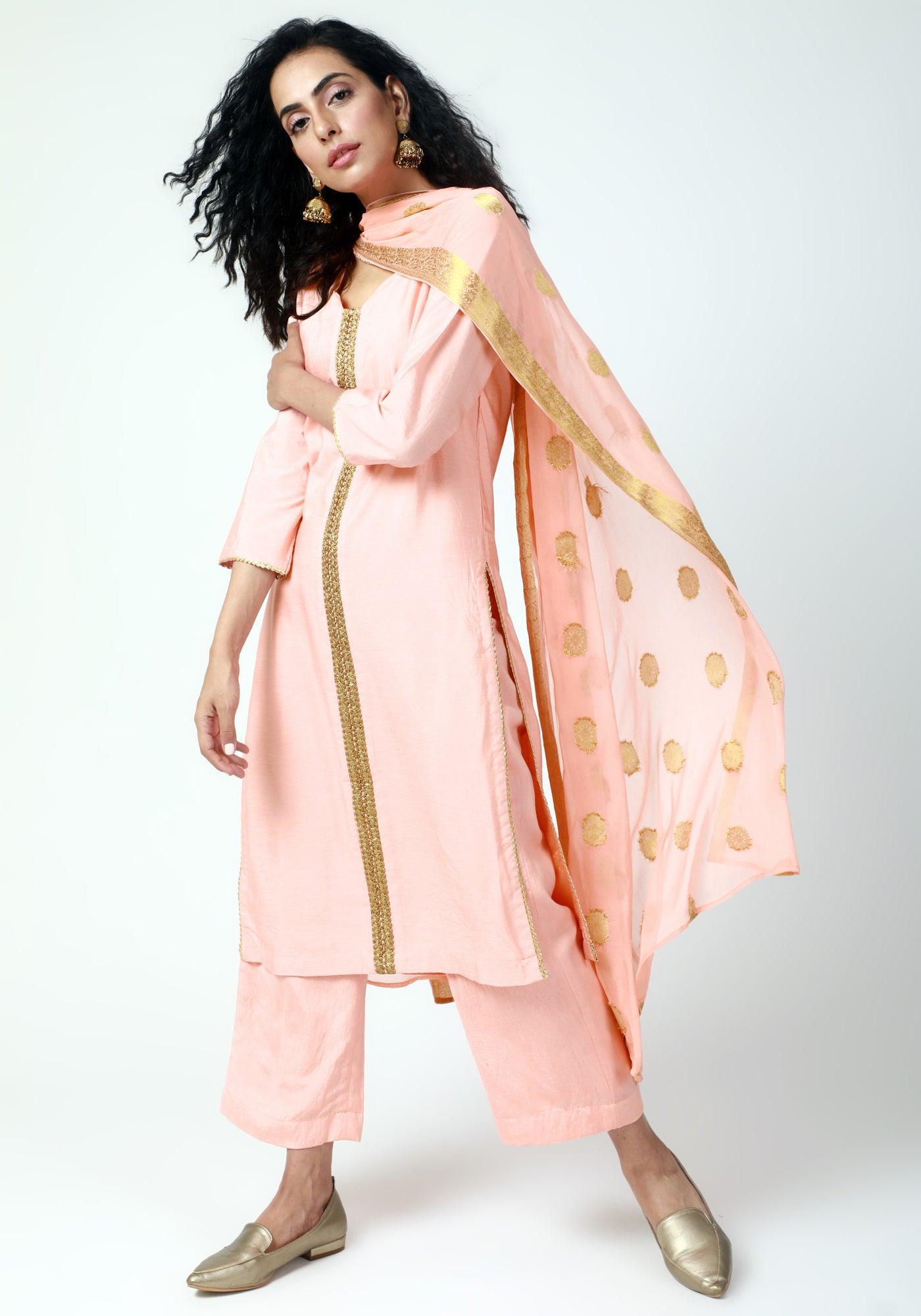 trueBrowns Peach Gota Kurta-Pant-Dupatta | Swadesiicart