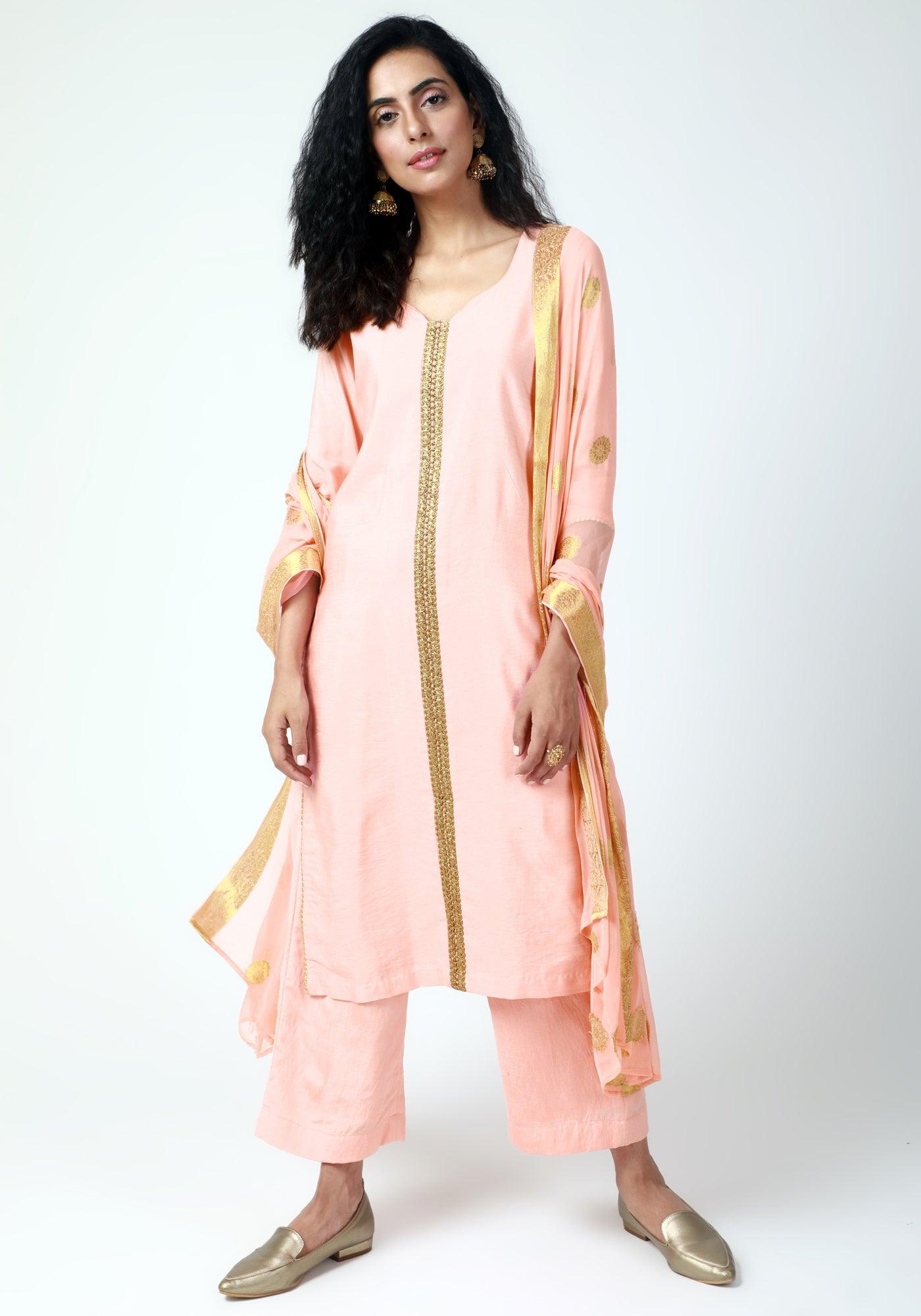 trueBrowns Peach Gota Kurta-Pant-Dupatta | Swadesiicart