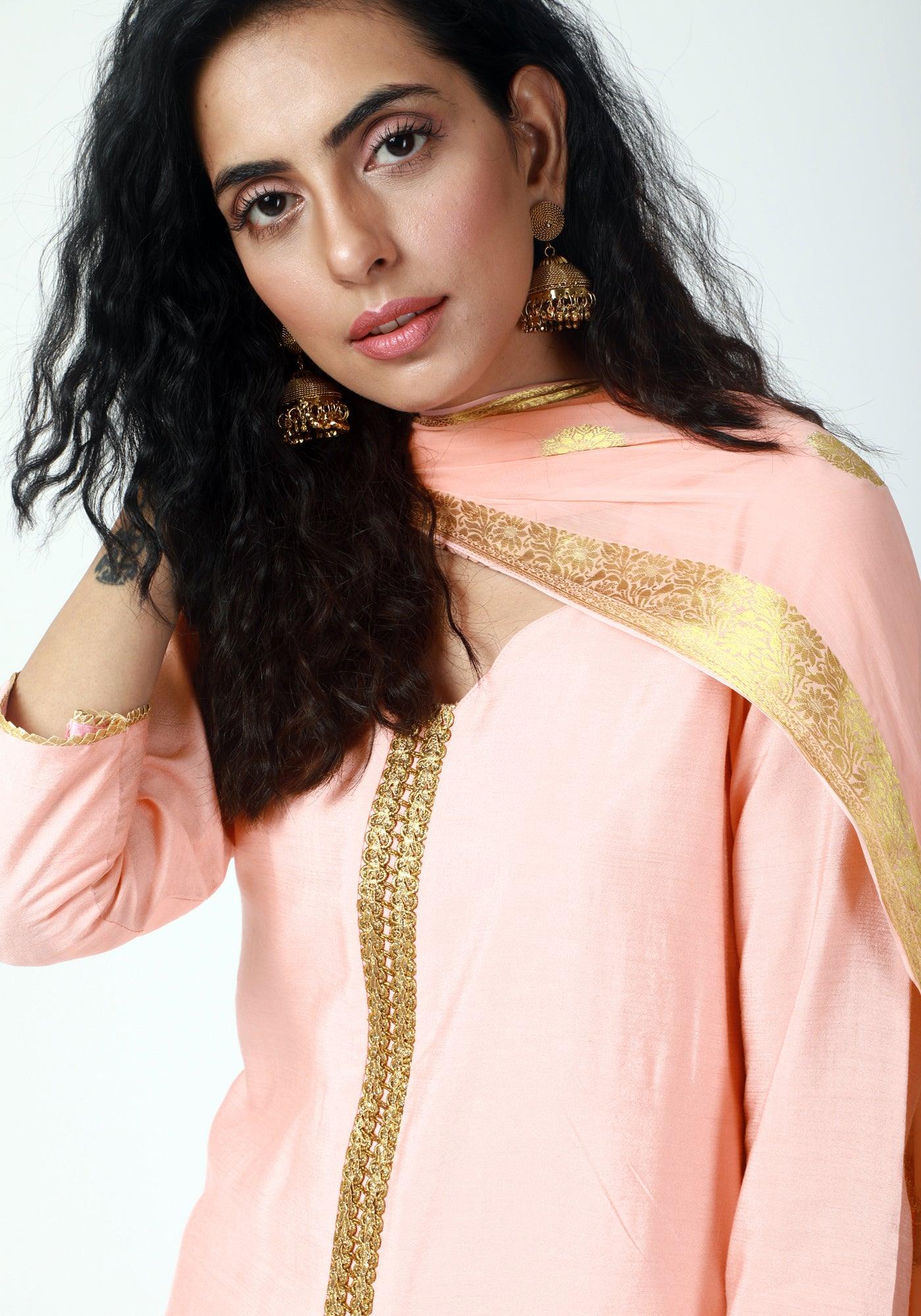 trueBrowns Peach Gota Kurta-Pant-Dupatta | Swadesiicart