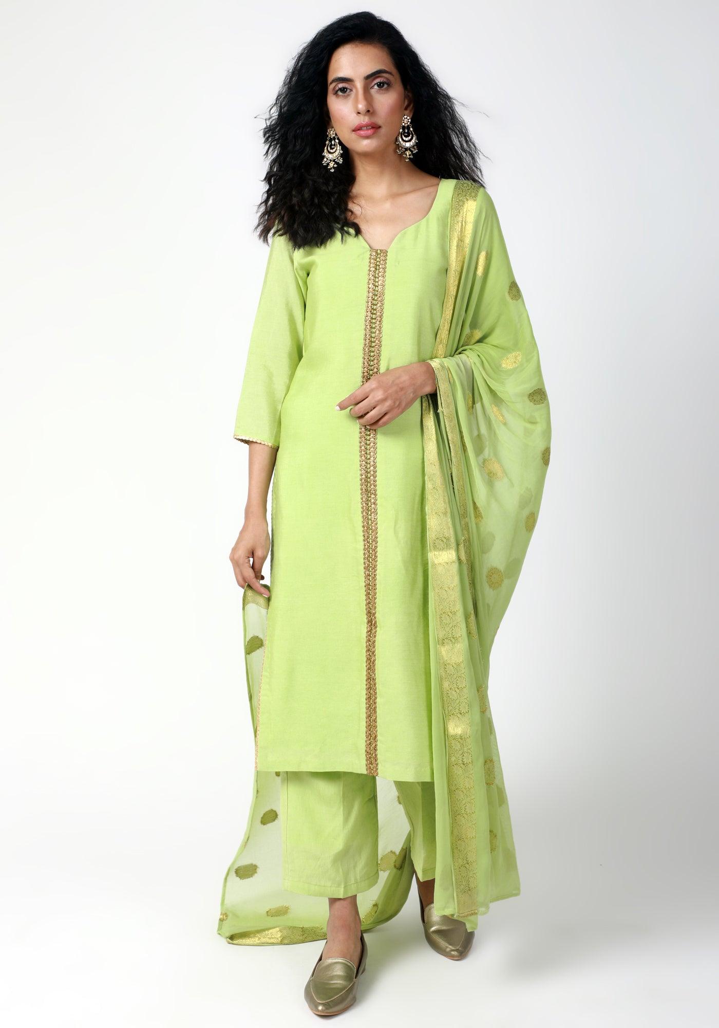 trueBrowns Green Gota Kurta-Pant-Dupatta | Swadesiicart