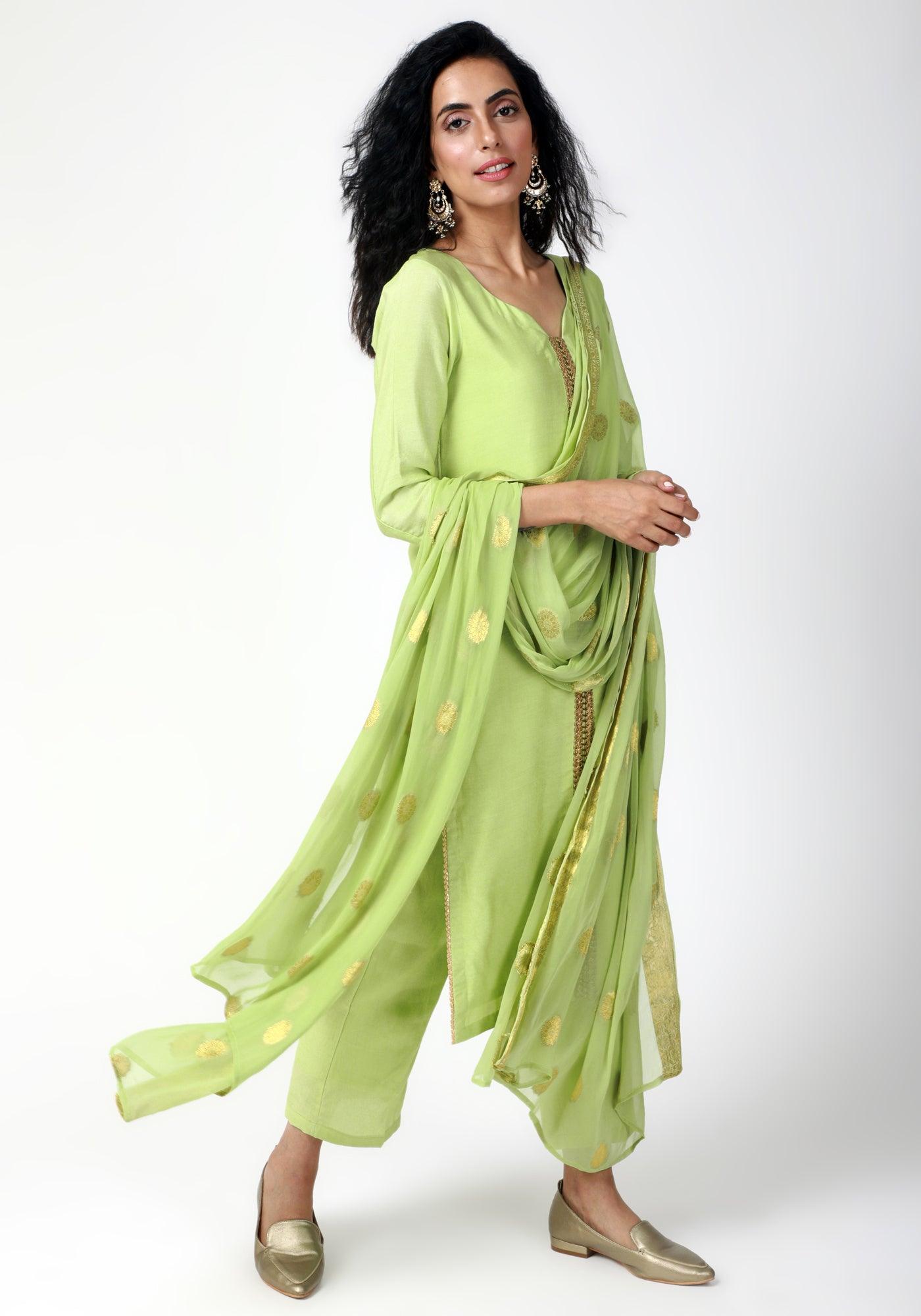 trueBrowns Green Gota Kurta-Pant-Dupatta | Swadesiicart