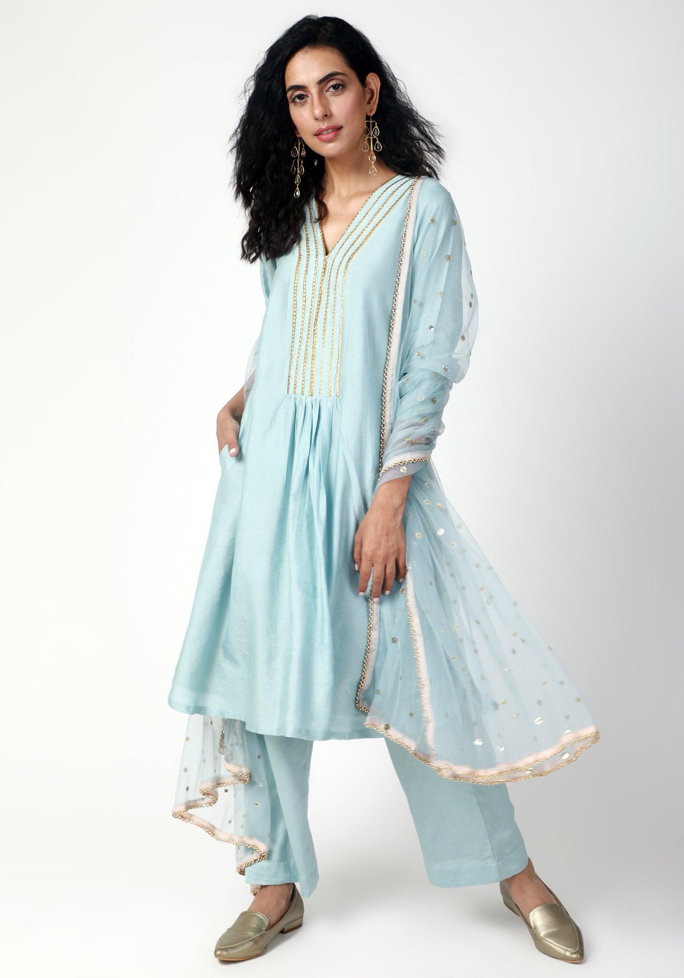 trueBrowns Blue Gota Kurta-Pant-Dupatta | Swadesiicart