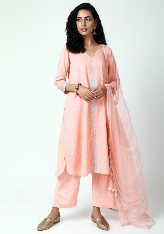 trueBrowns Peach Silver Laced Kurta-Pant-Dupatta | Swadesiicart