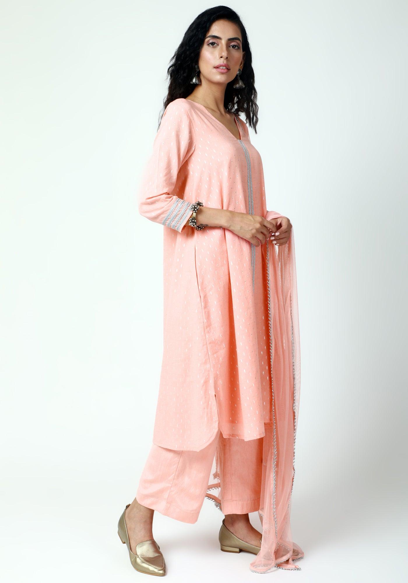 trueBrowns Peach Silver Laced Kurta-Pant-Dupatta | Swadesiicart