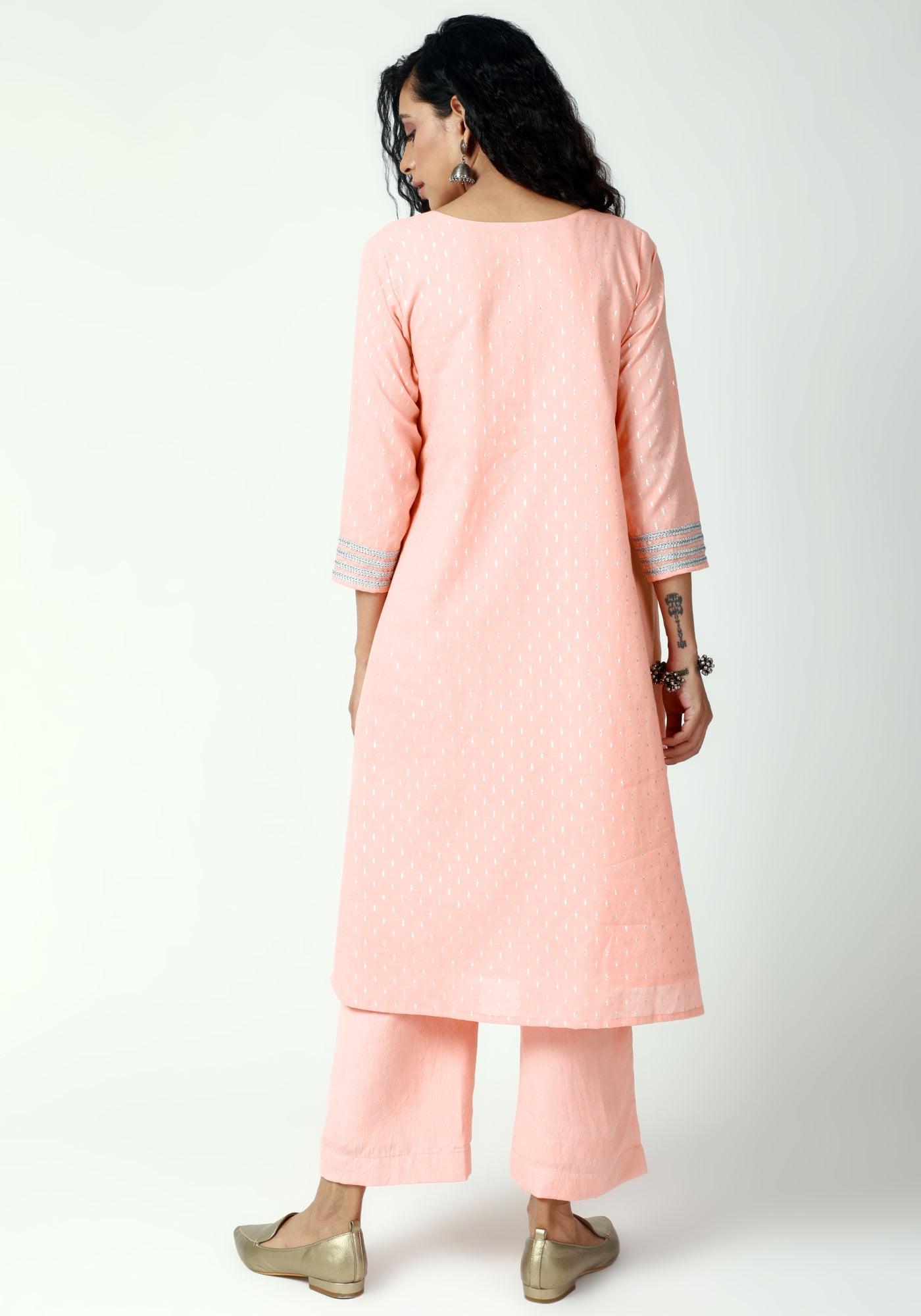 trueBrowns Peach Silver Laced Kurta-Pant-Dupatta | Swadesiicart